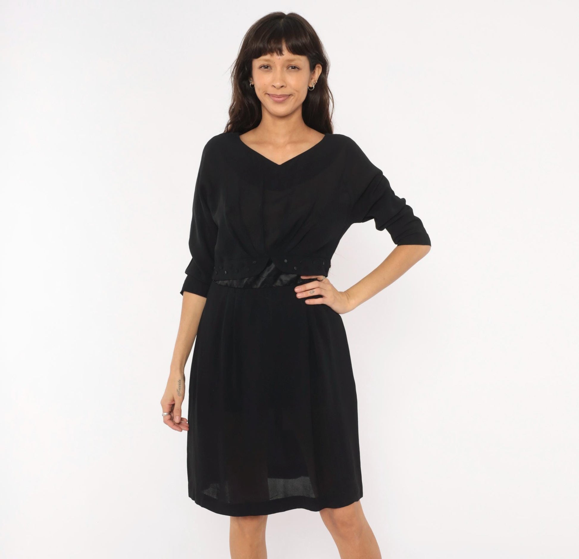 1950s Town Tempo Originals Black Cocktail Dress V-Neck Twist Front Medium M