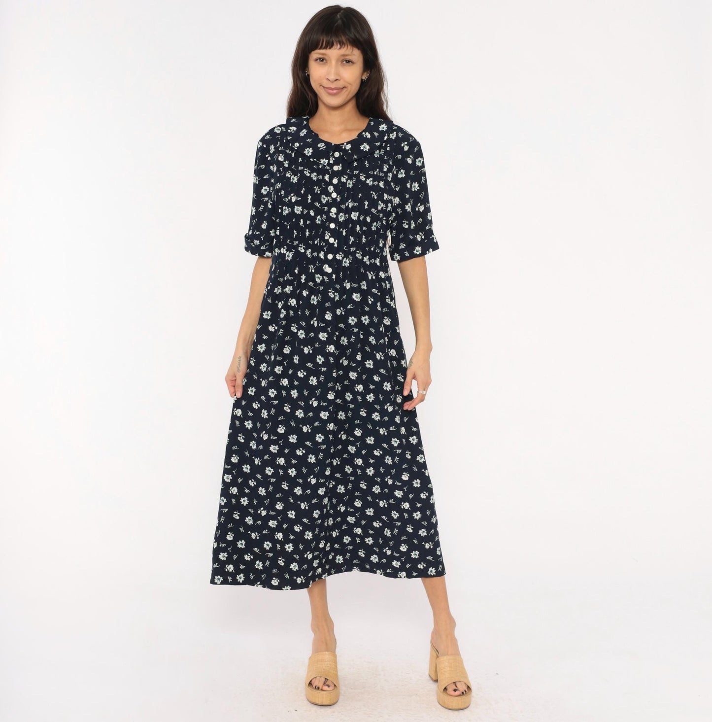 90s Kathie Lee Navy Floral Midi Dress Peter Pan Collar Pintuck Bodice Large L