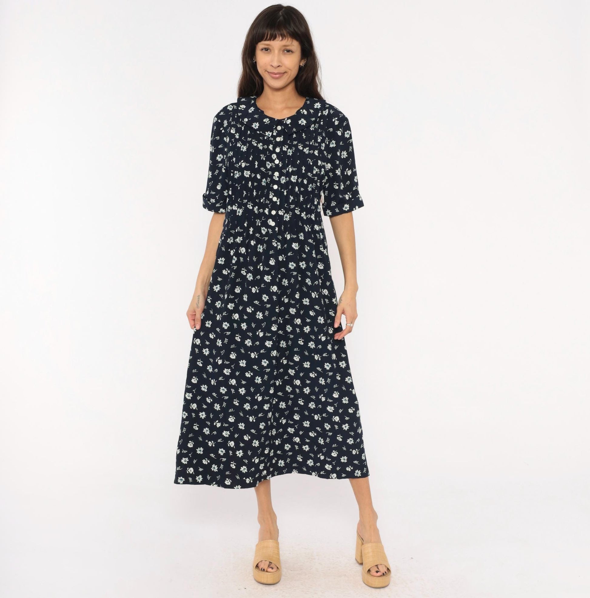 90s Kathie Lee Navy Floral Midi Dress Peter Pan Collar Pintuck Bodice Large L