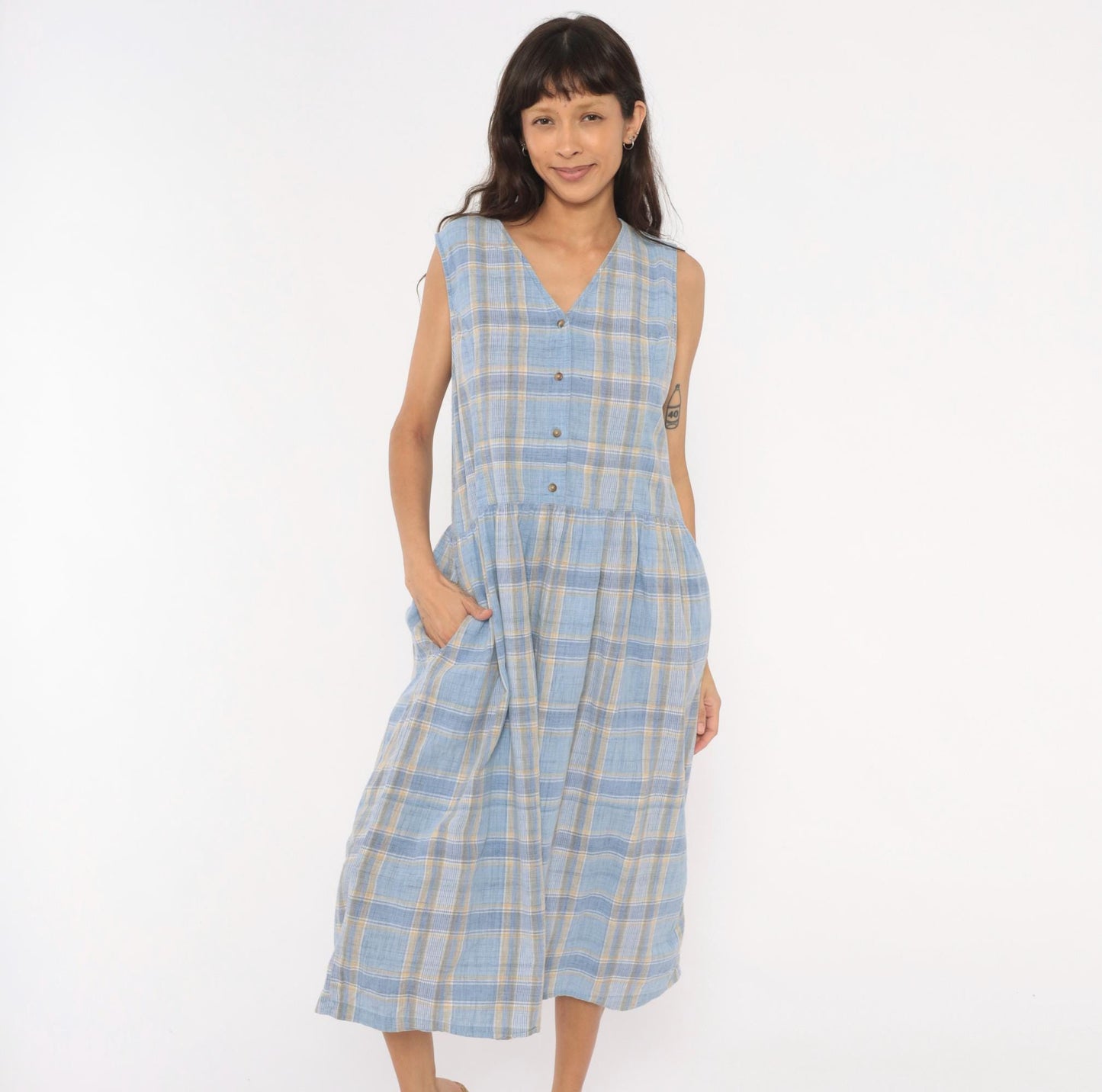 90s Lands' End Blue Plaid Cotton Midi Sundress Button Front Large L