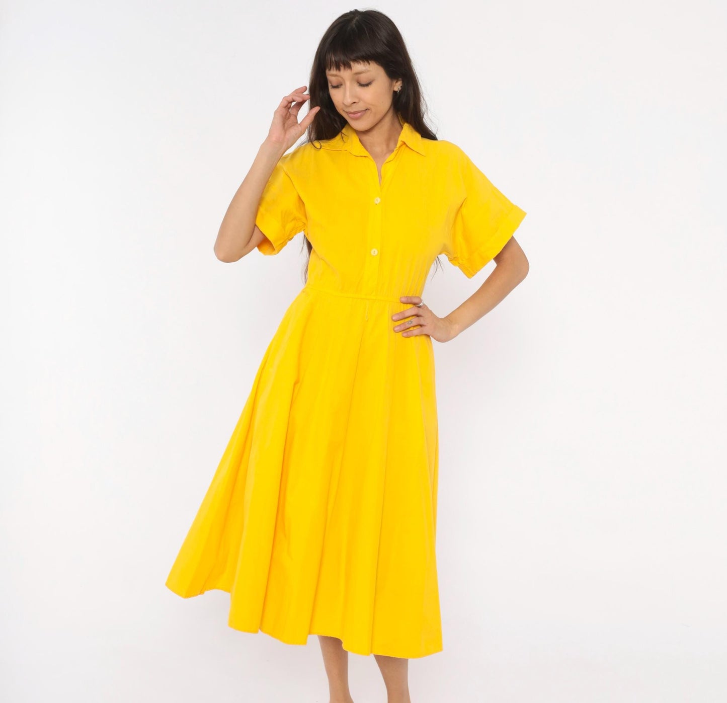 80s Laine Yellow Cotton Shirtdress Midi Collar Pockets Extra Small XS
