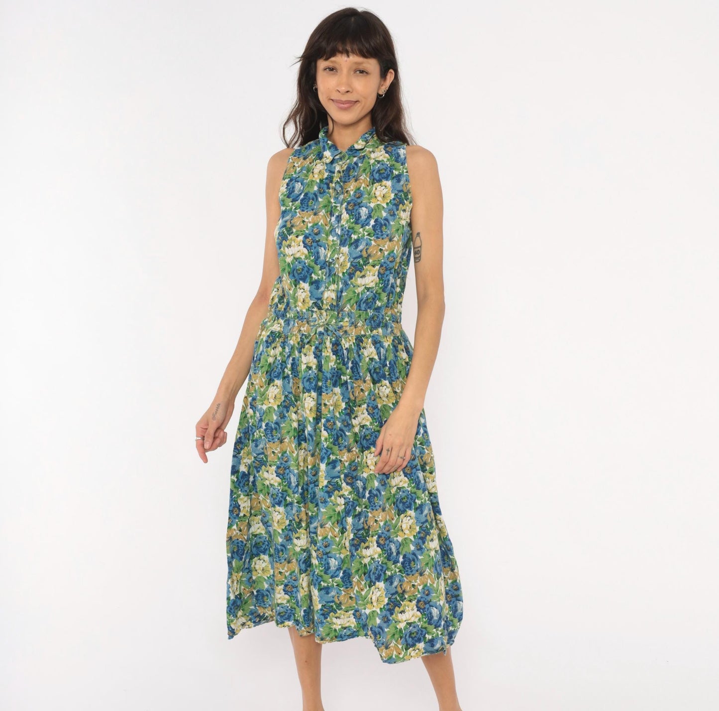 90s Penbrooke Lane Floral Shirtdress Midi Collared Sleeveless Blue Rose Medium M