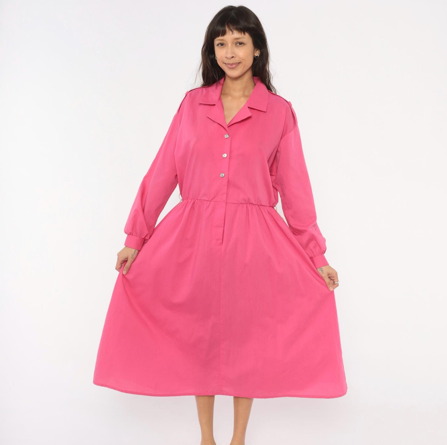 80s Hot Pink Shirtdress Midi Gathered Waist Balloon Sleeve Epaulette Large L
