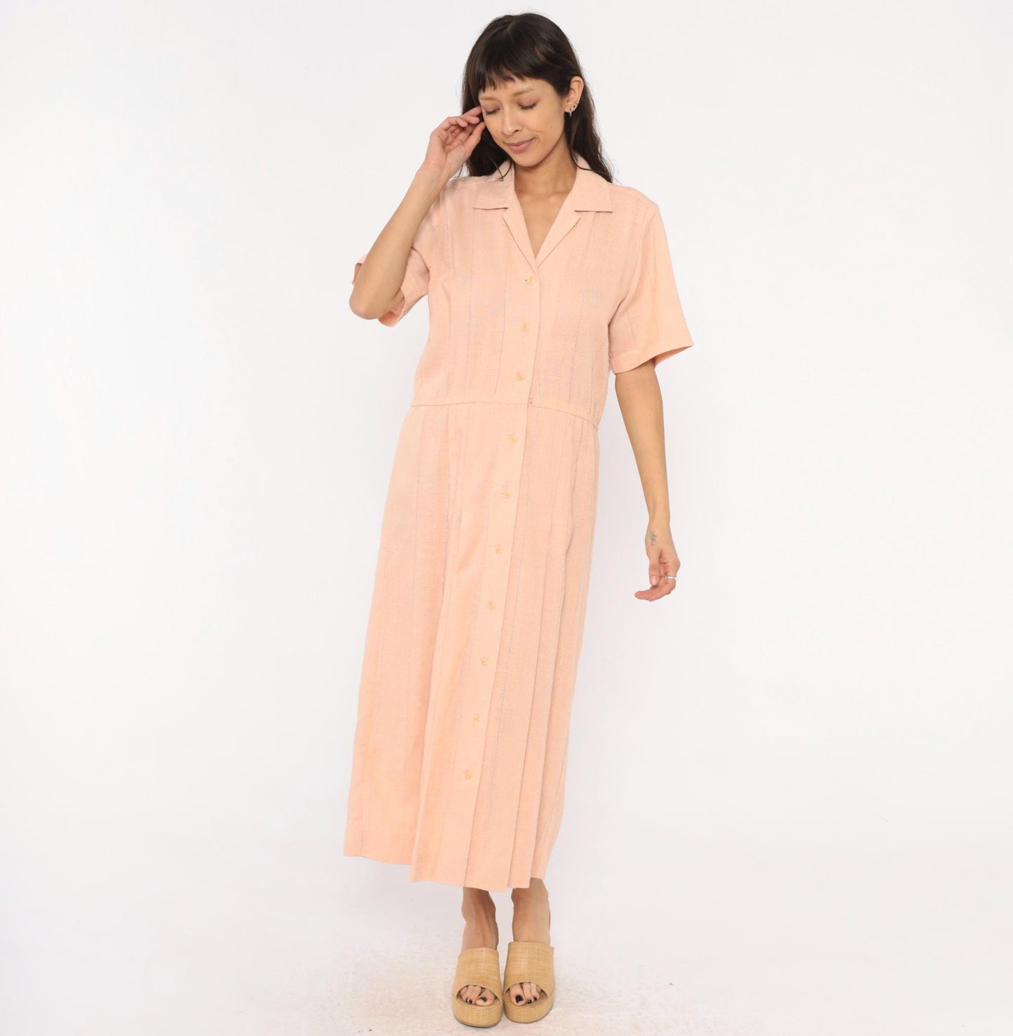 80s Peach Cotton Maxi Shirtdress Camp Collar Pleated Prairie Large L