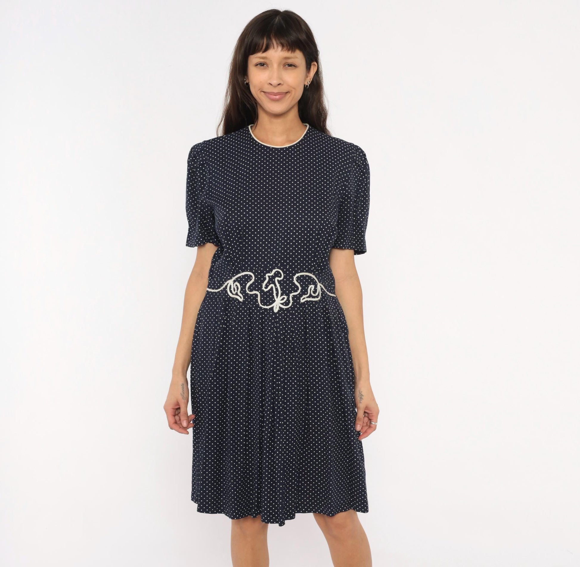 80s Miss Dorby Navy Polka Dot Dress Puff Sleeve Soutache Braid Waist Large L