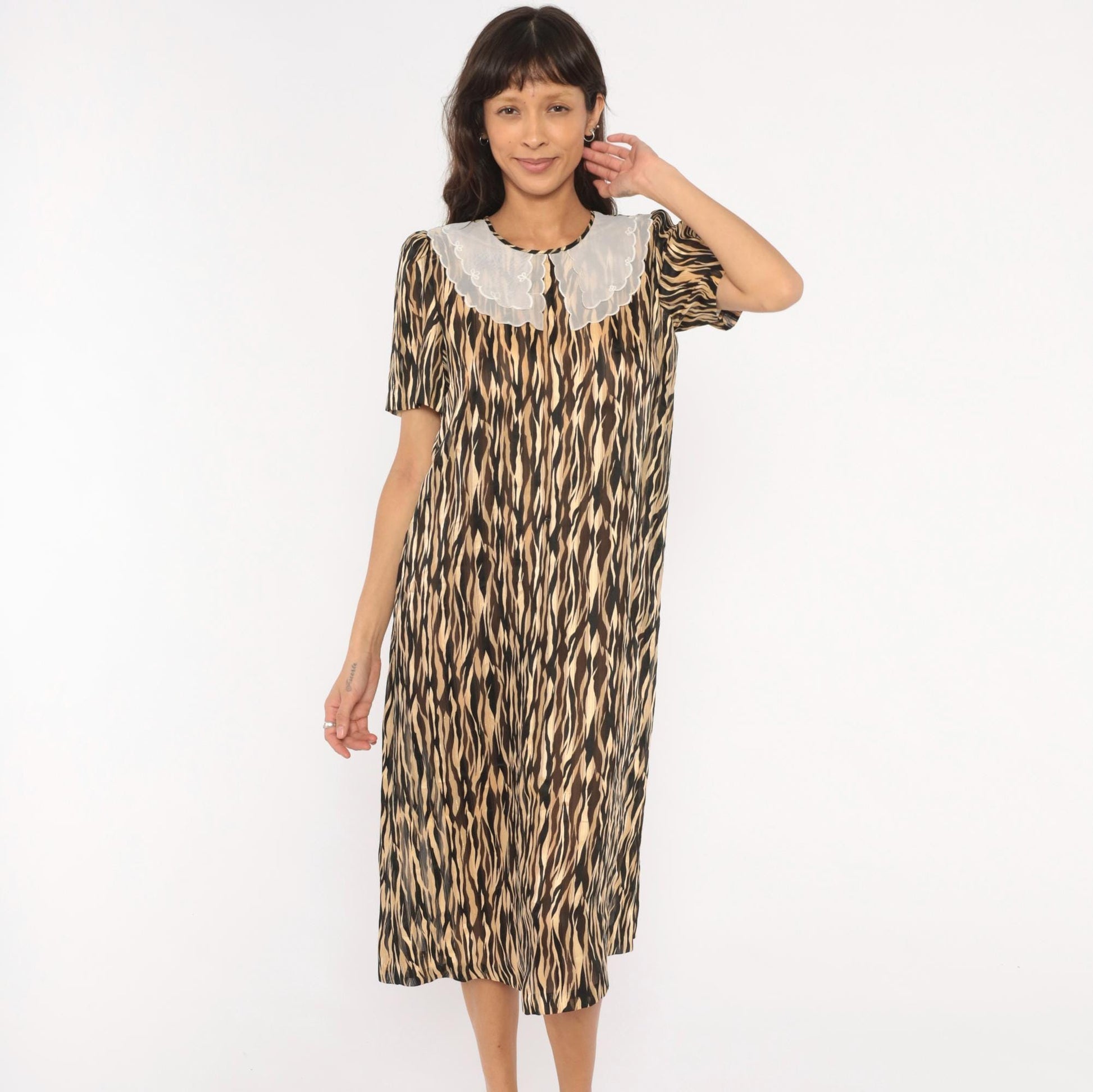 80s Animal Print Shift Dress Peter Pan Collar Tiger Stripe Midi Small
