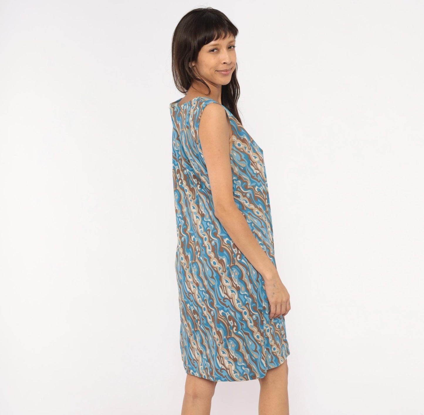 2000s Abstract Swirl Shift Dress V Neck Knee Length Blue Brown Tan Extra Large