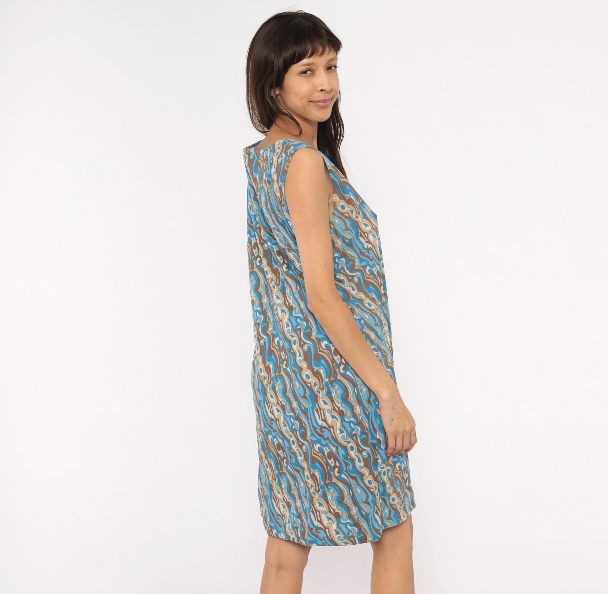 2000s Abstract Swirl Shift Dress V Neck Knee Length Blue Brown Tan Extra Large