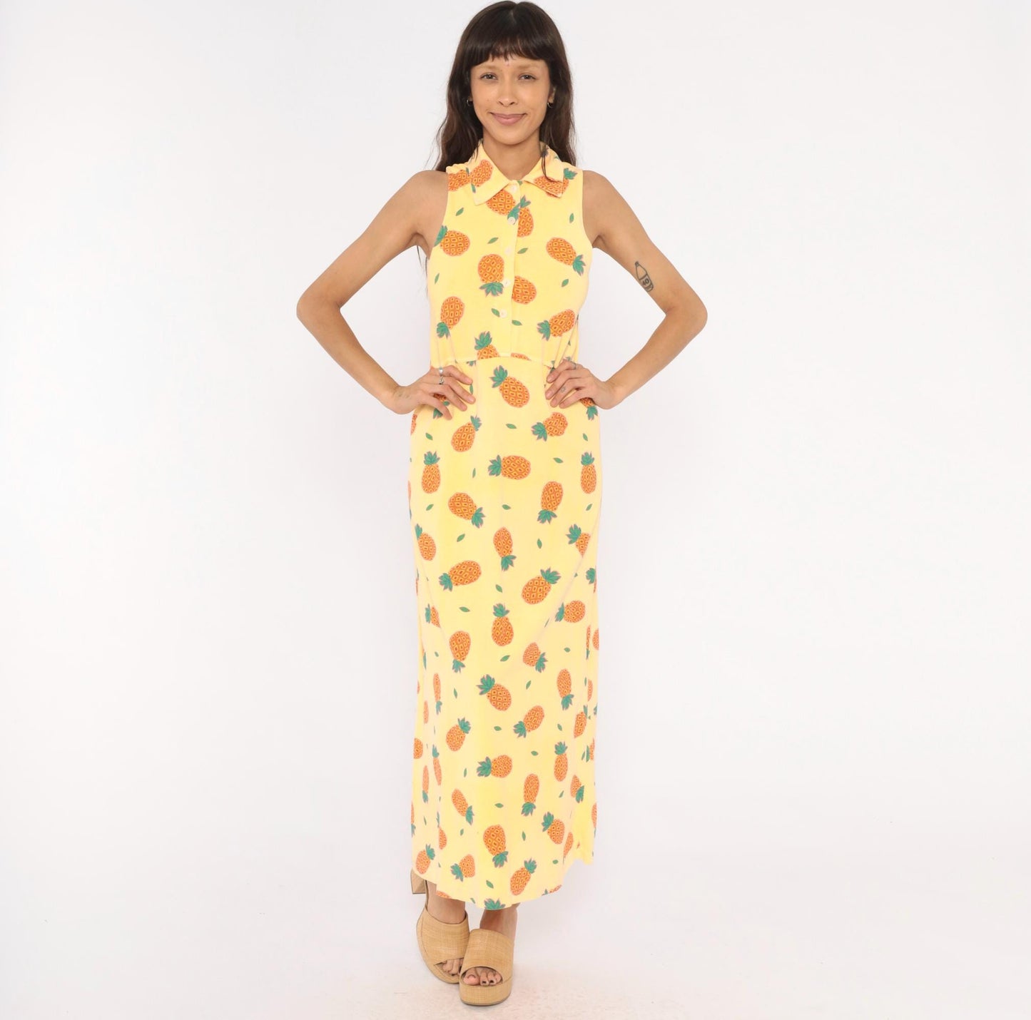90s Zip Code Pineapple Print Maxi Dress Yellow Cotton Sleeveless Small