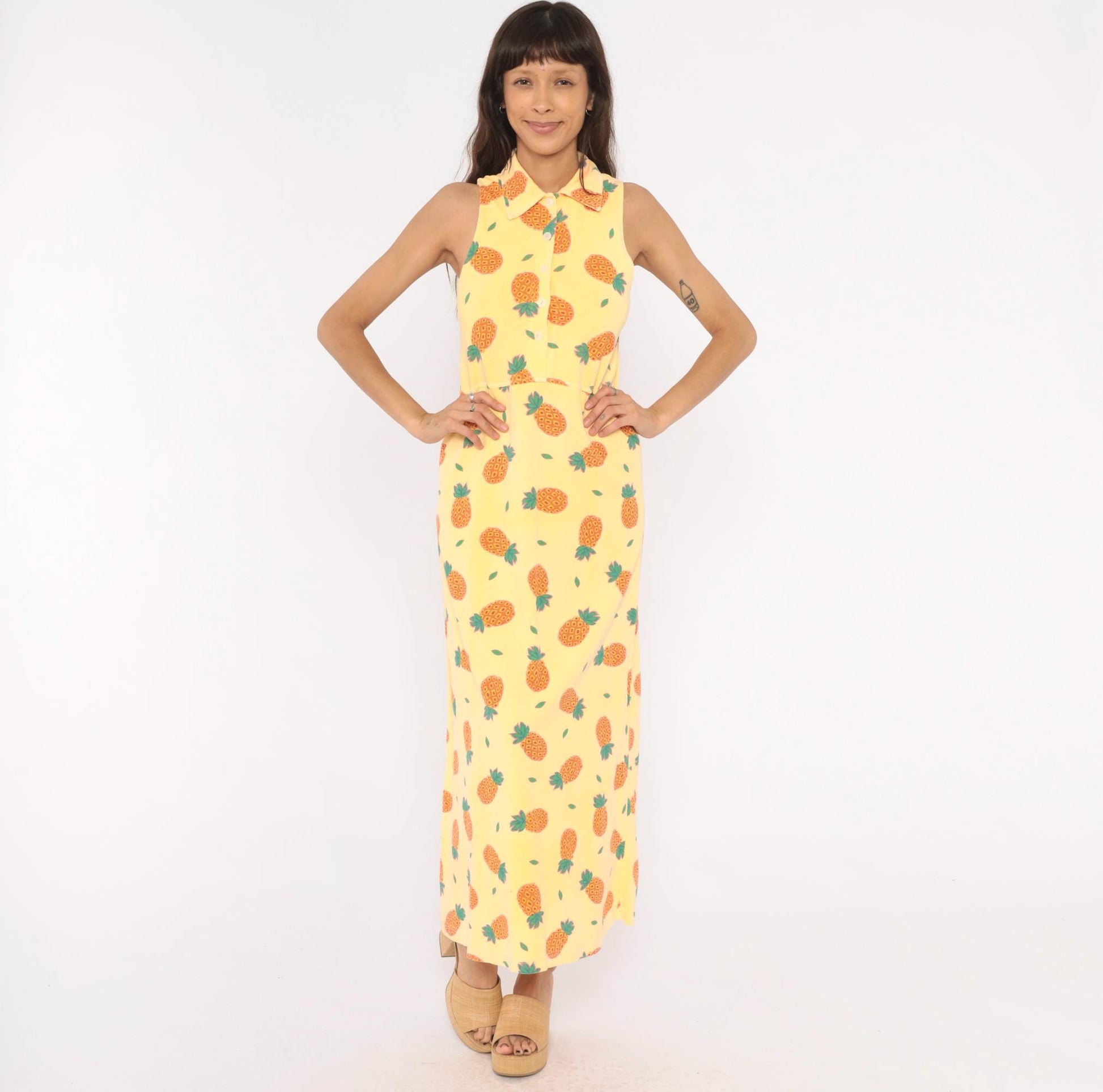 90s Zip Code Pineapple Print Maxi Dress Yellow Cotton Sleeveless Small