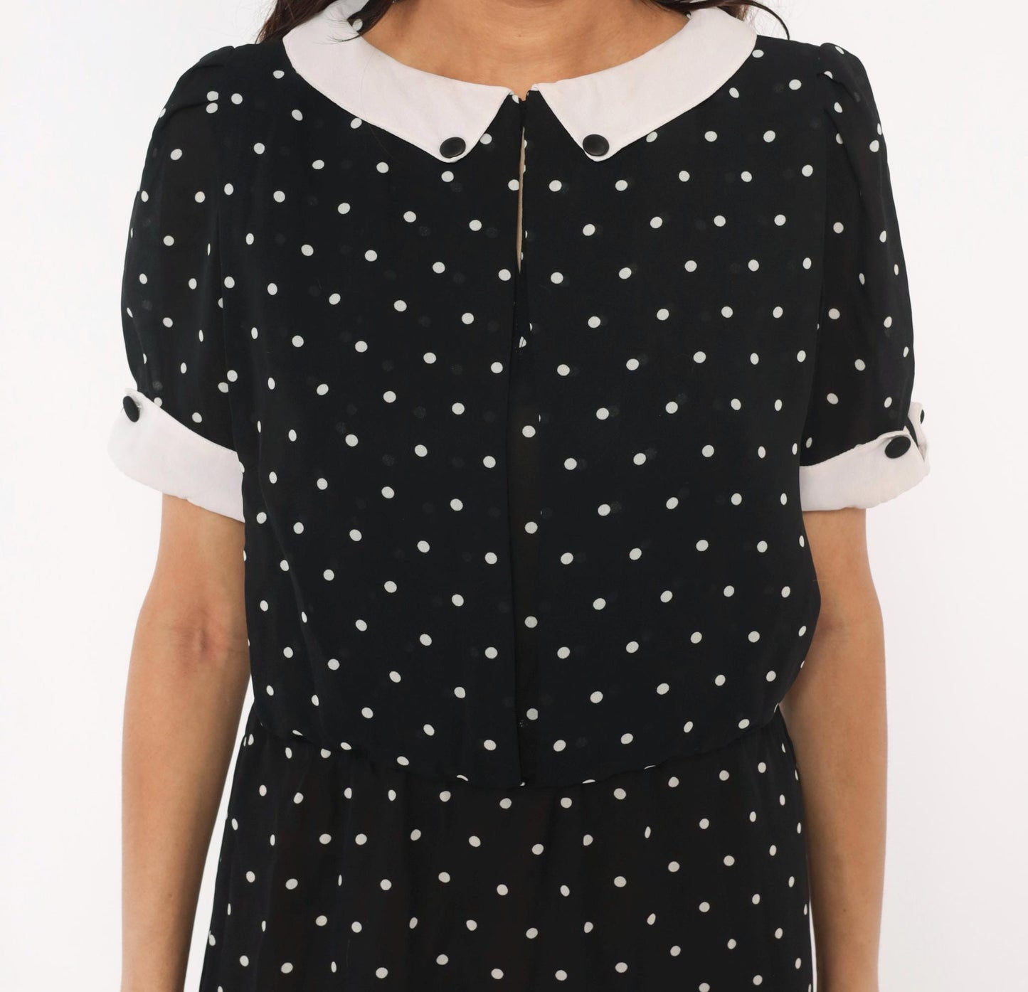 90s Farouche Black White Polka Dot Midi Dress Peter Pan Collar Small