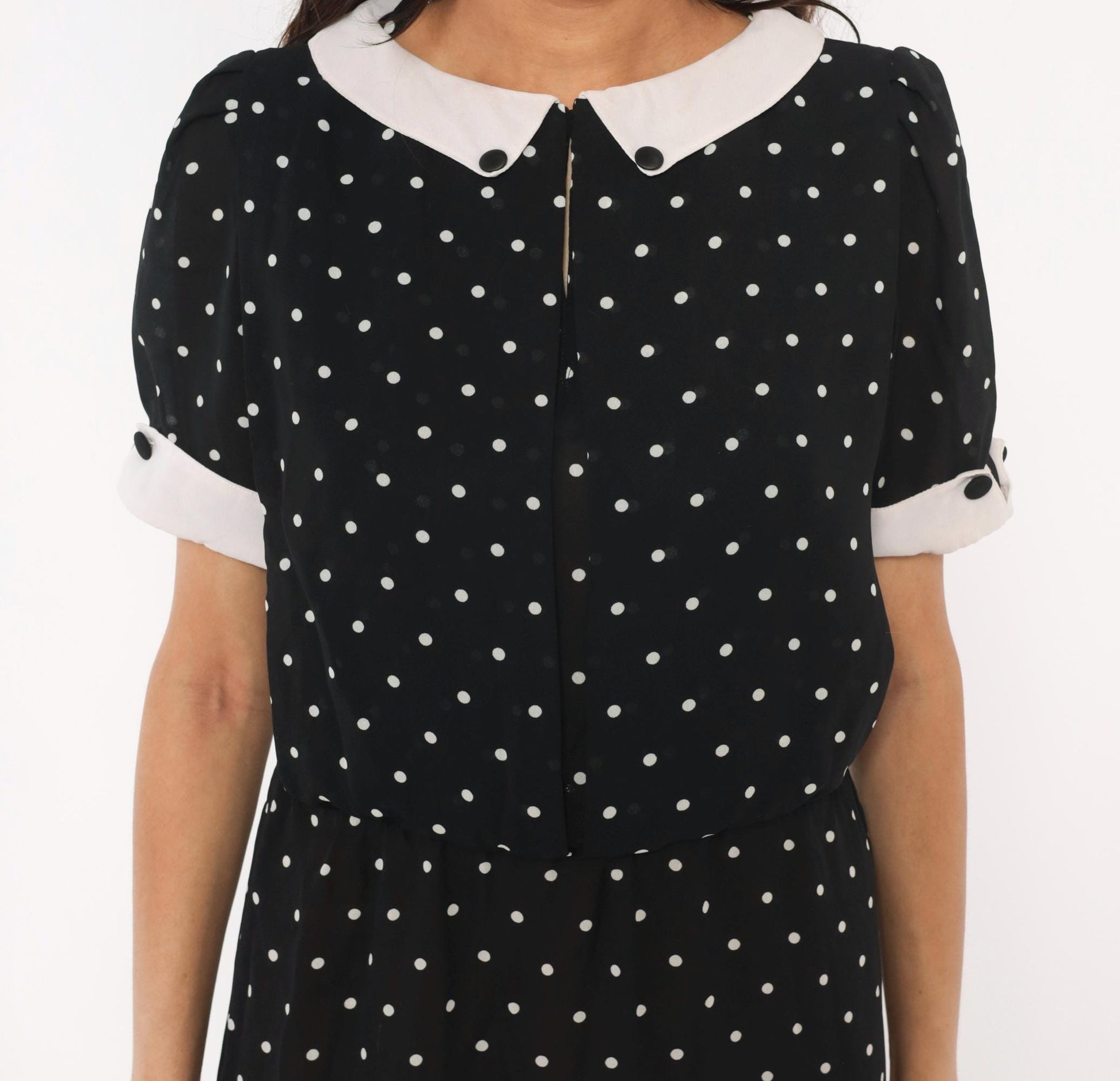 90s Farouche Black White Polka Dot Midi Dress Peter Pan Collar Small