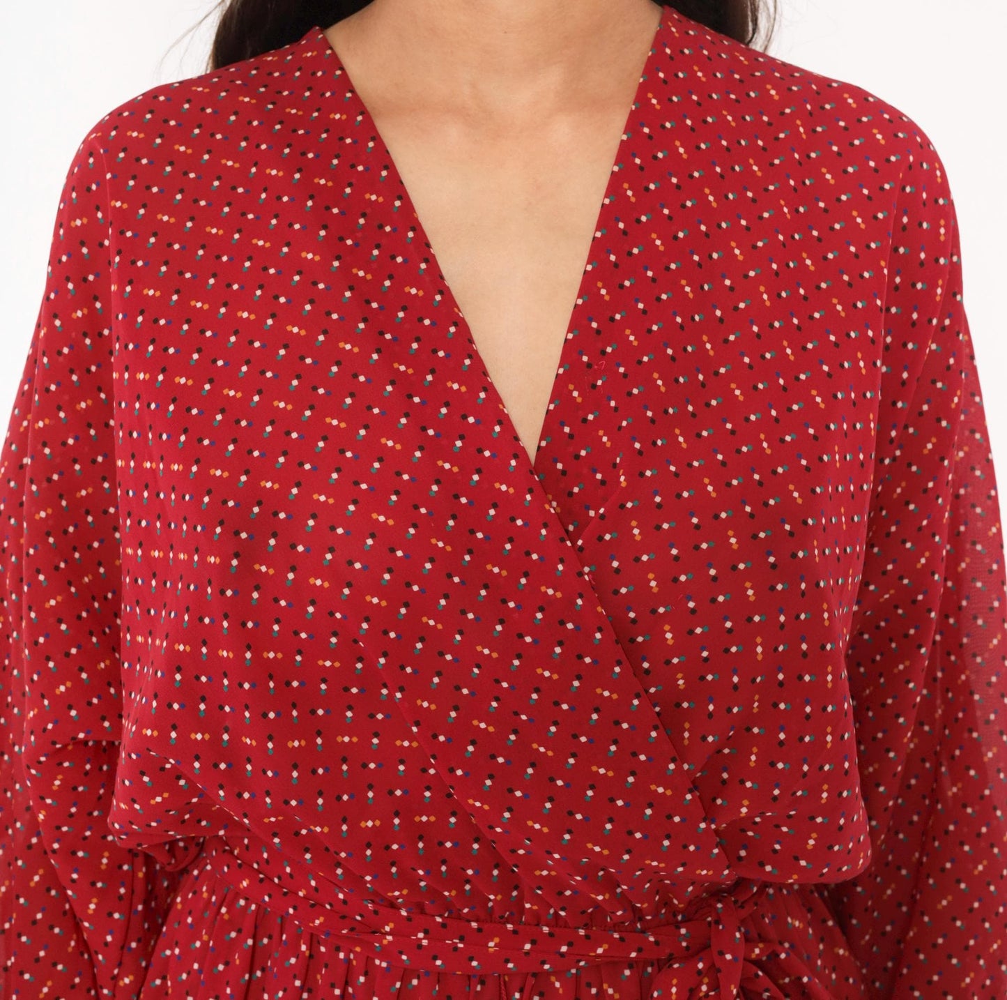 80s Virgo Il Burgundy Wrap Dress Dotted Print Knee-Length V-Neck Extra Large