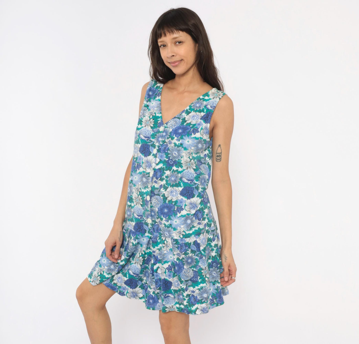 90s Floral Romper Blue Teal White Button Front V Neck Sleeveless Cotton Playsuit Medium M