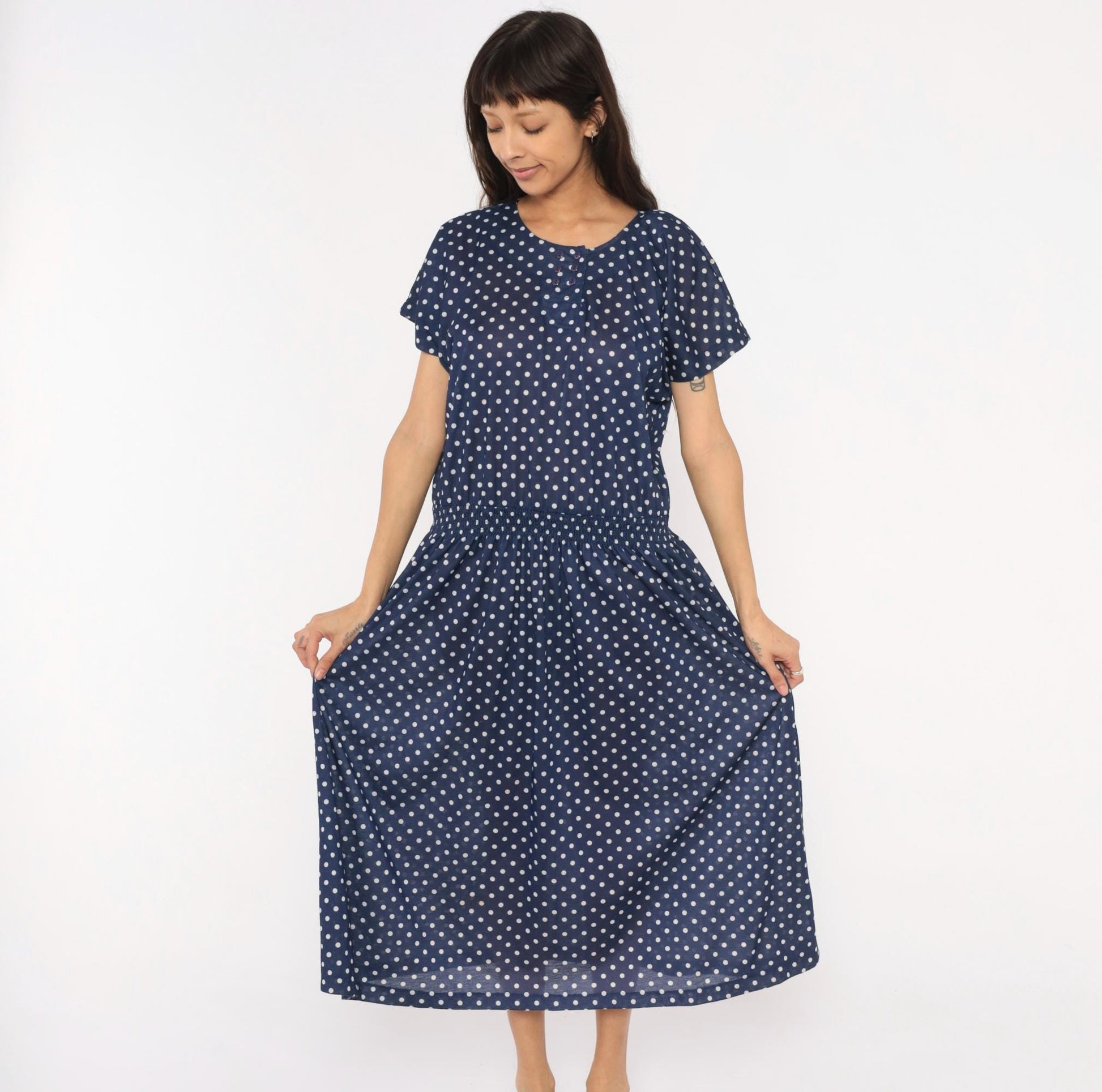 80s Darian Navy White Polka Dot Midi Dress Elastic Waist Short Sleeve Extra Large XL