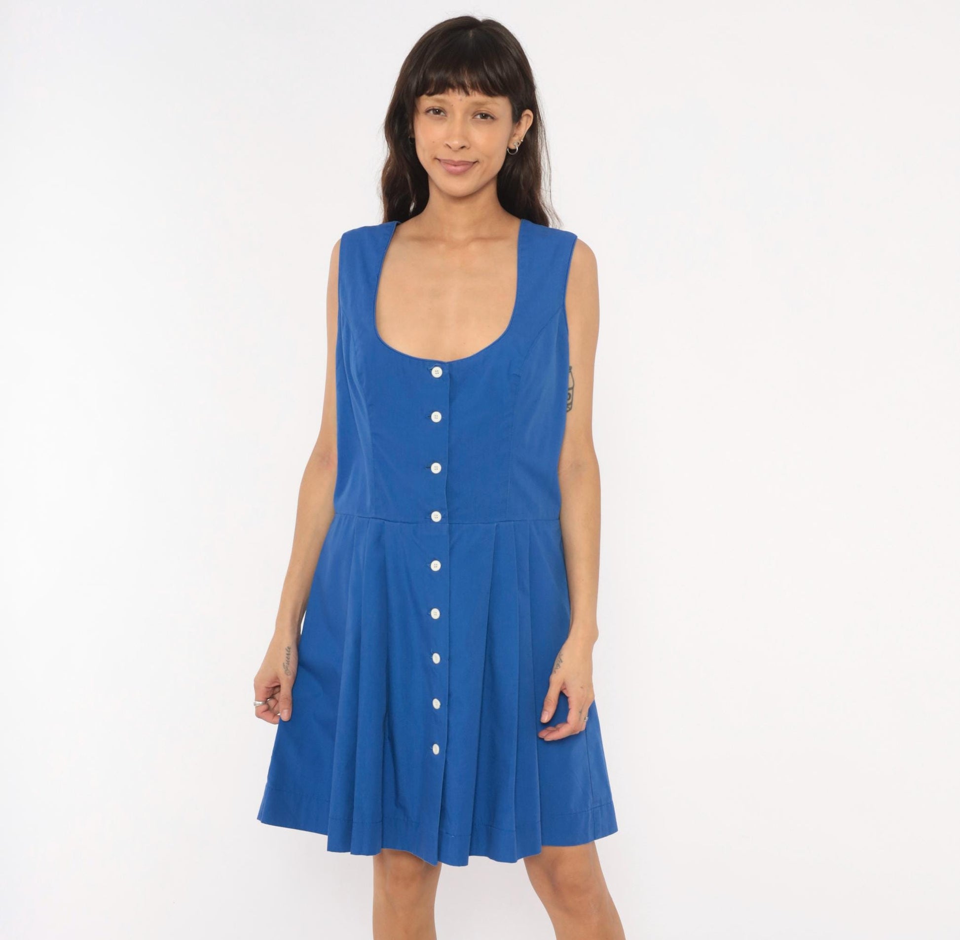 90s Cobalt Blue Button Front Dress Scoop Neck Pleated A-Line Knee Length Large