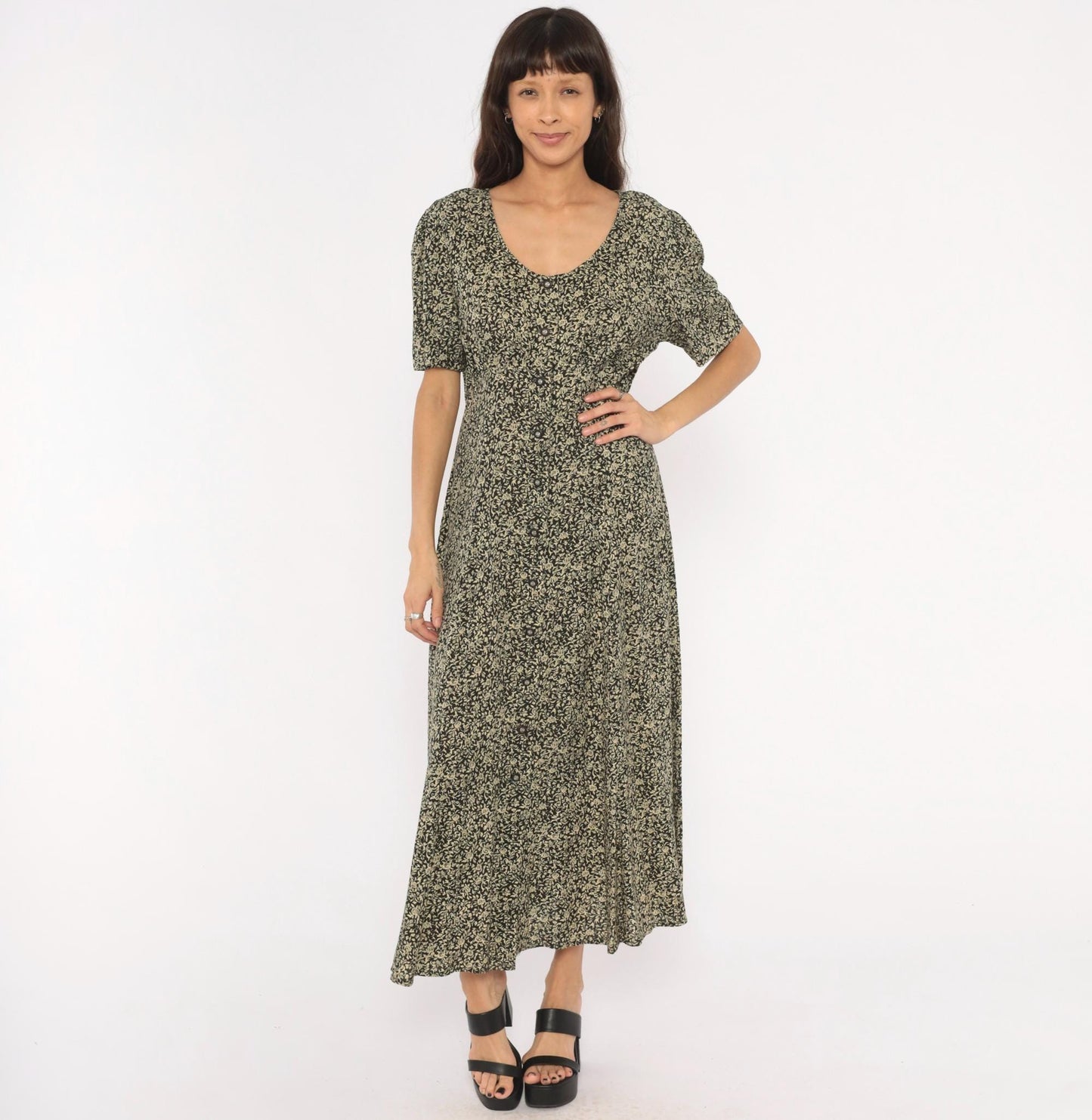 90s All That Jazz Floral Maxi Dress Black Cream Rose Button Front Medium
