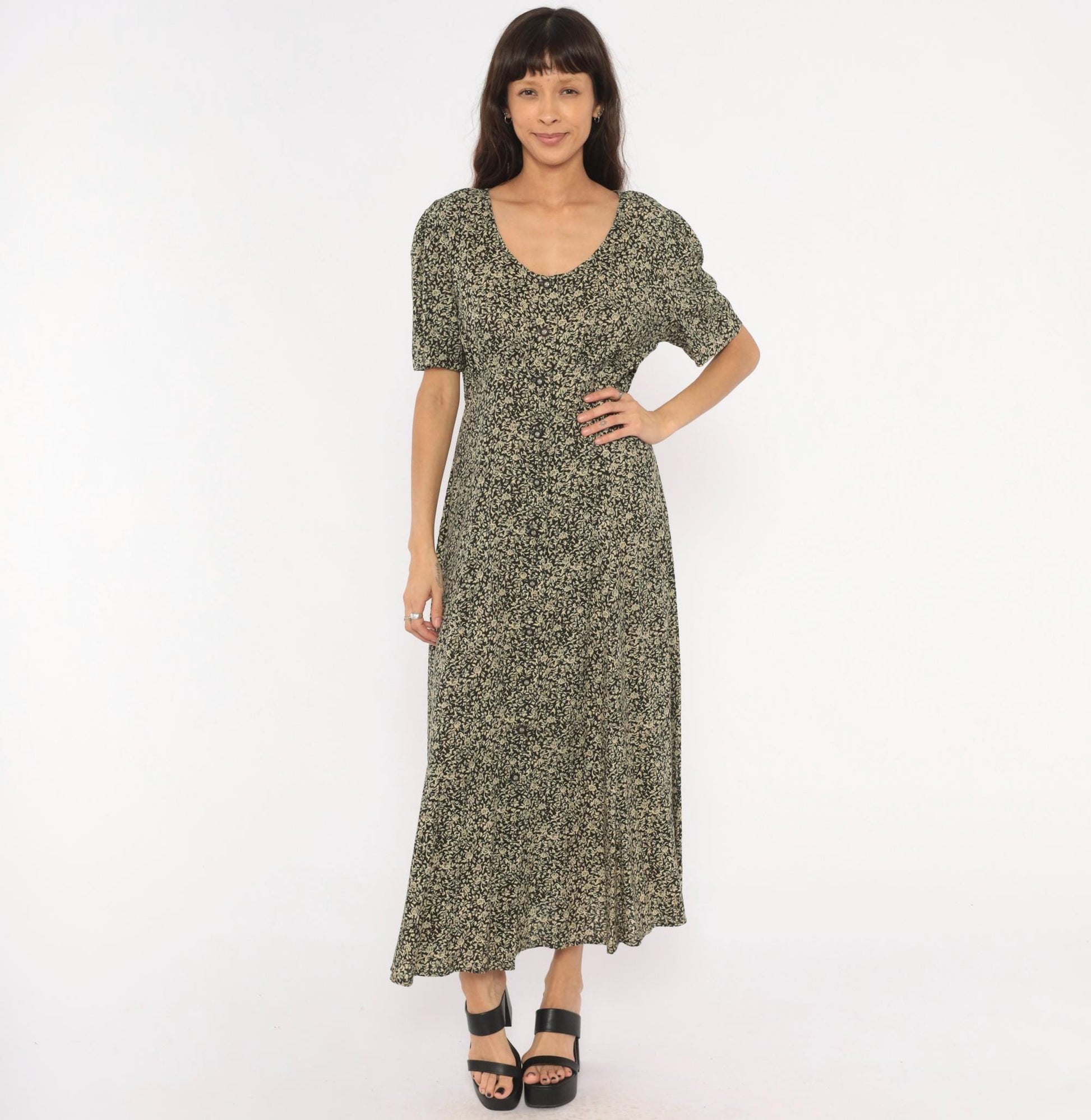 90s All That Jazz Floral Maxi Dress Black Cream Rose Button Front Medium