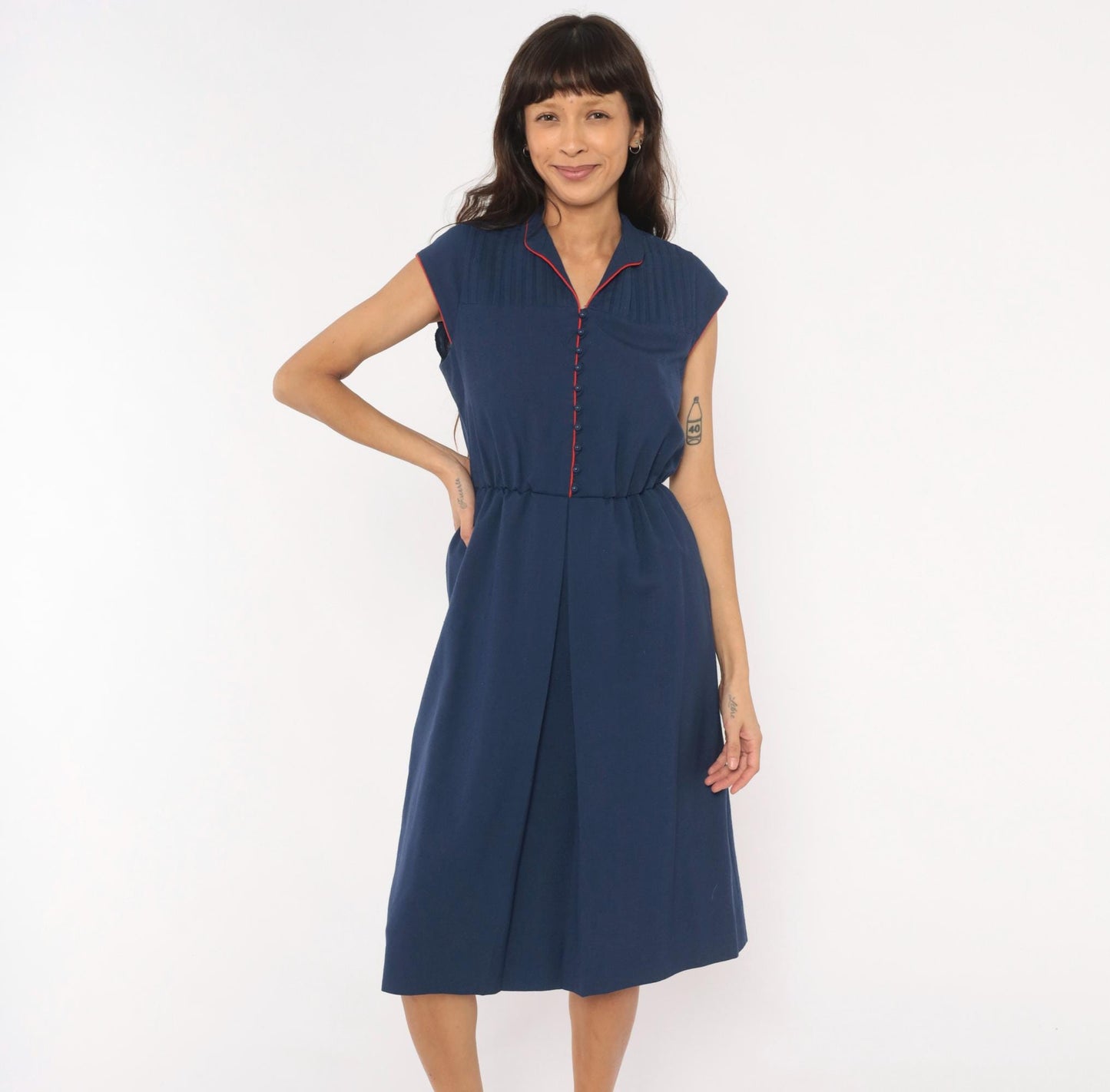 80s Leslie Fay Navy Pintuck Shirtdress Red Piping V-Neck Knee-Length Small Medium