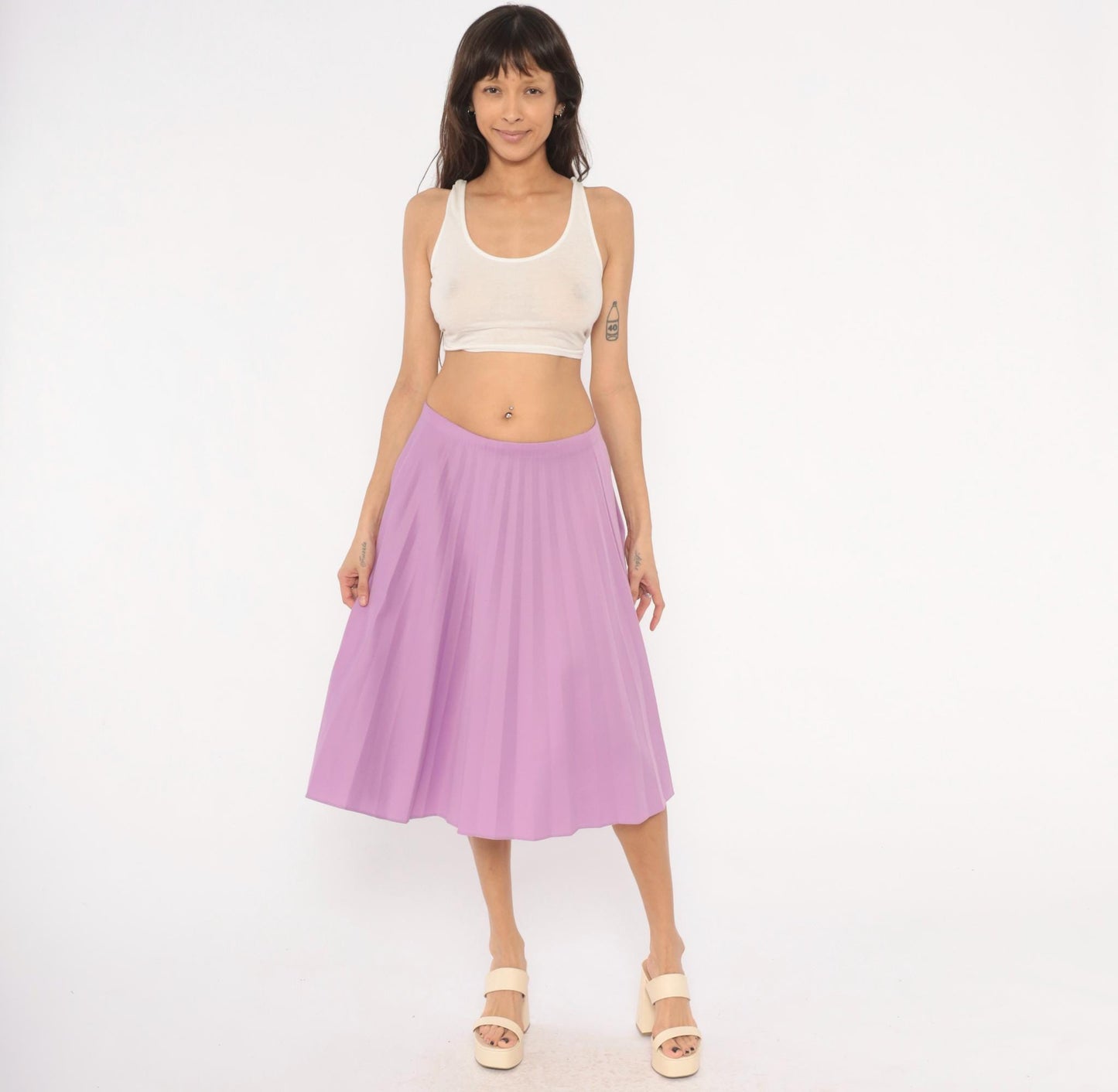 70s Lilac Pleated A-Line Skirt Purple Swing Elastic Waist Medium Large
