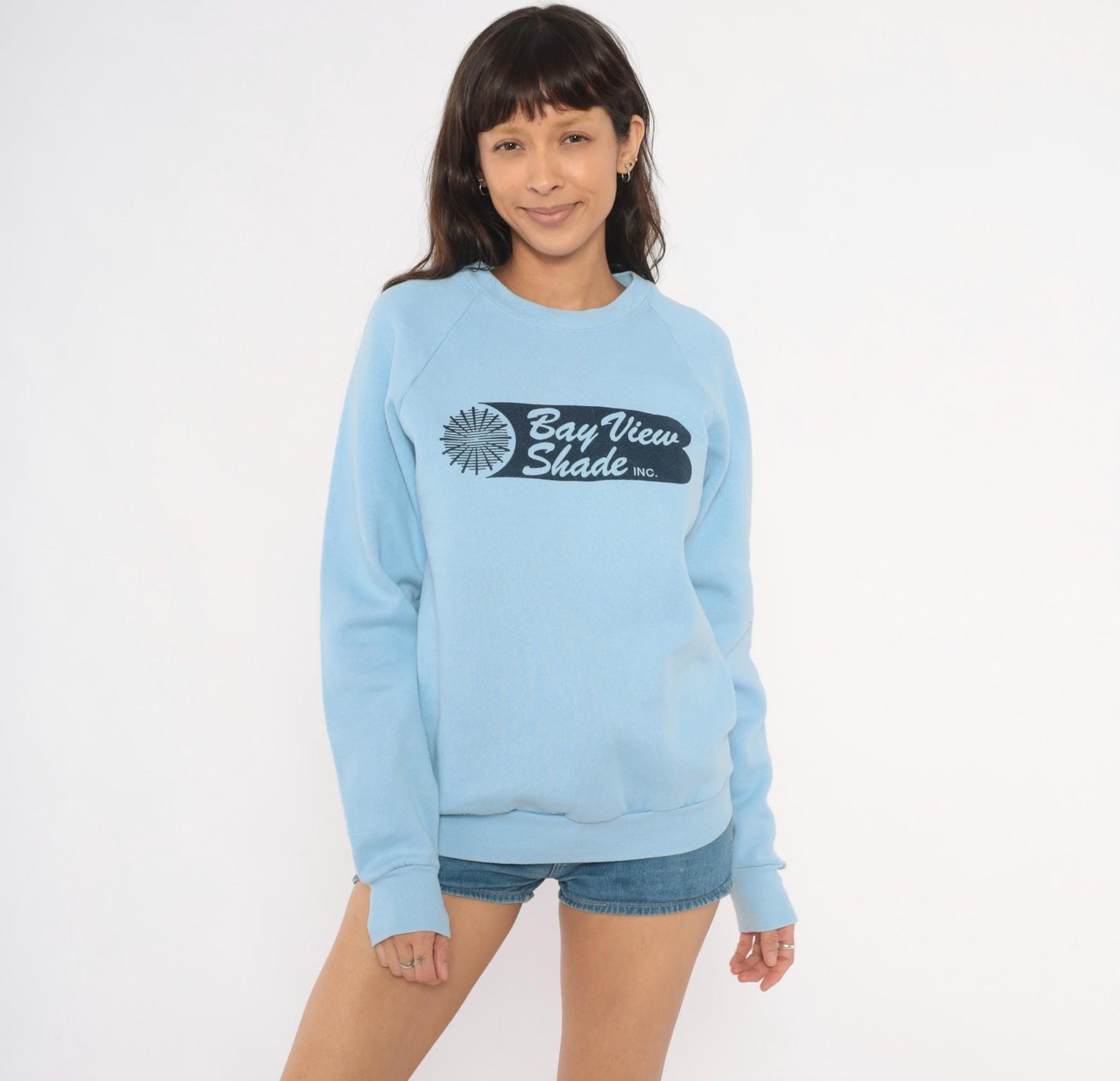 80s Fruit of the Loom Bay View Shade Inc Raglan Sweatshirt Powder Blue Large L