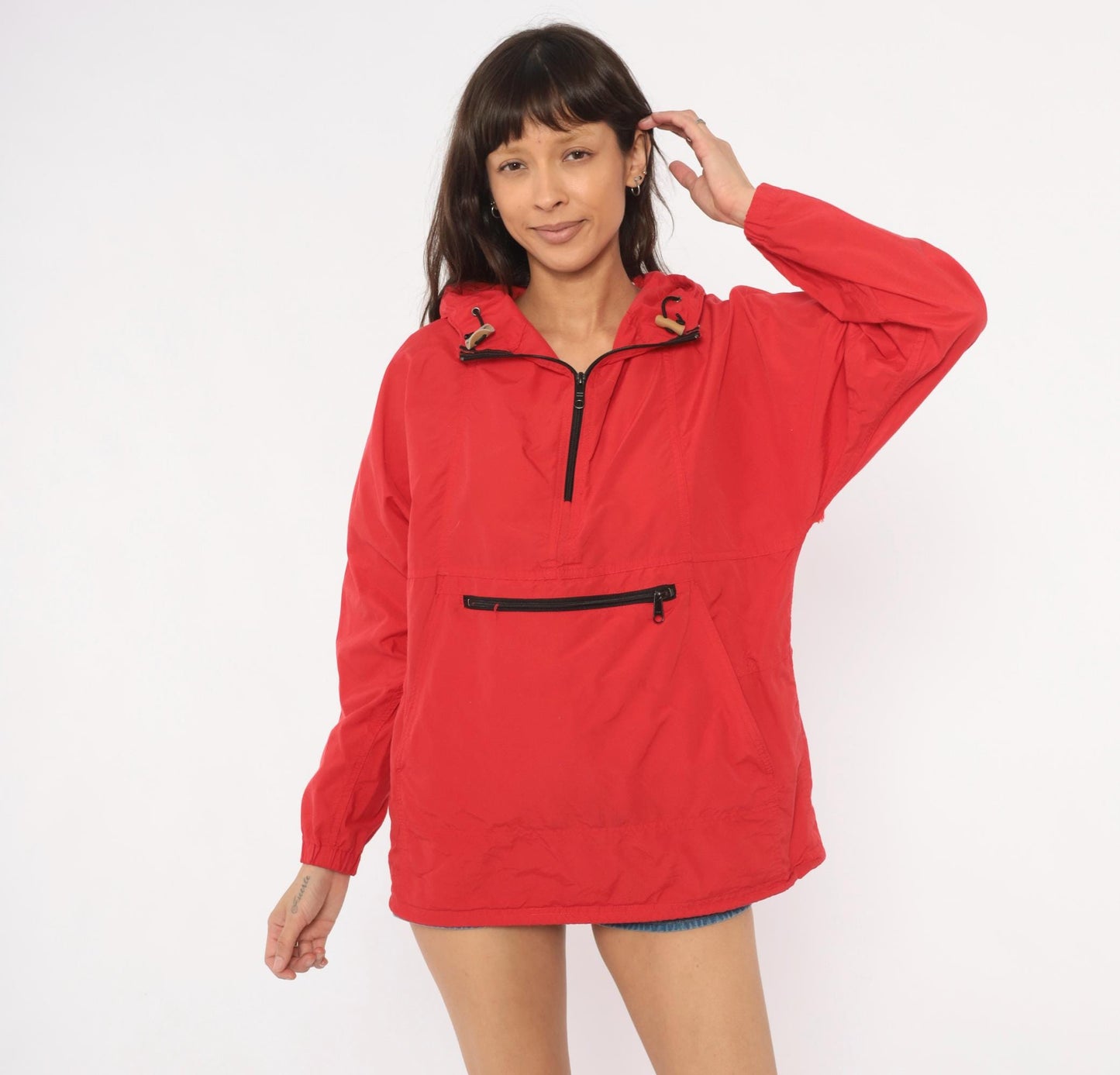 80s L.L.Bean Red Anorak Half-Zip Hooded Windbreaker Medium M