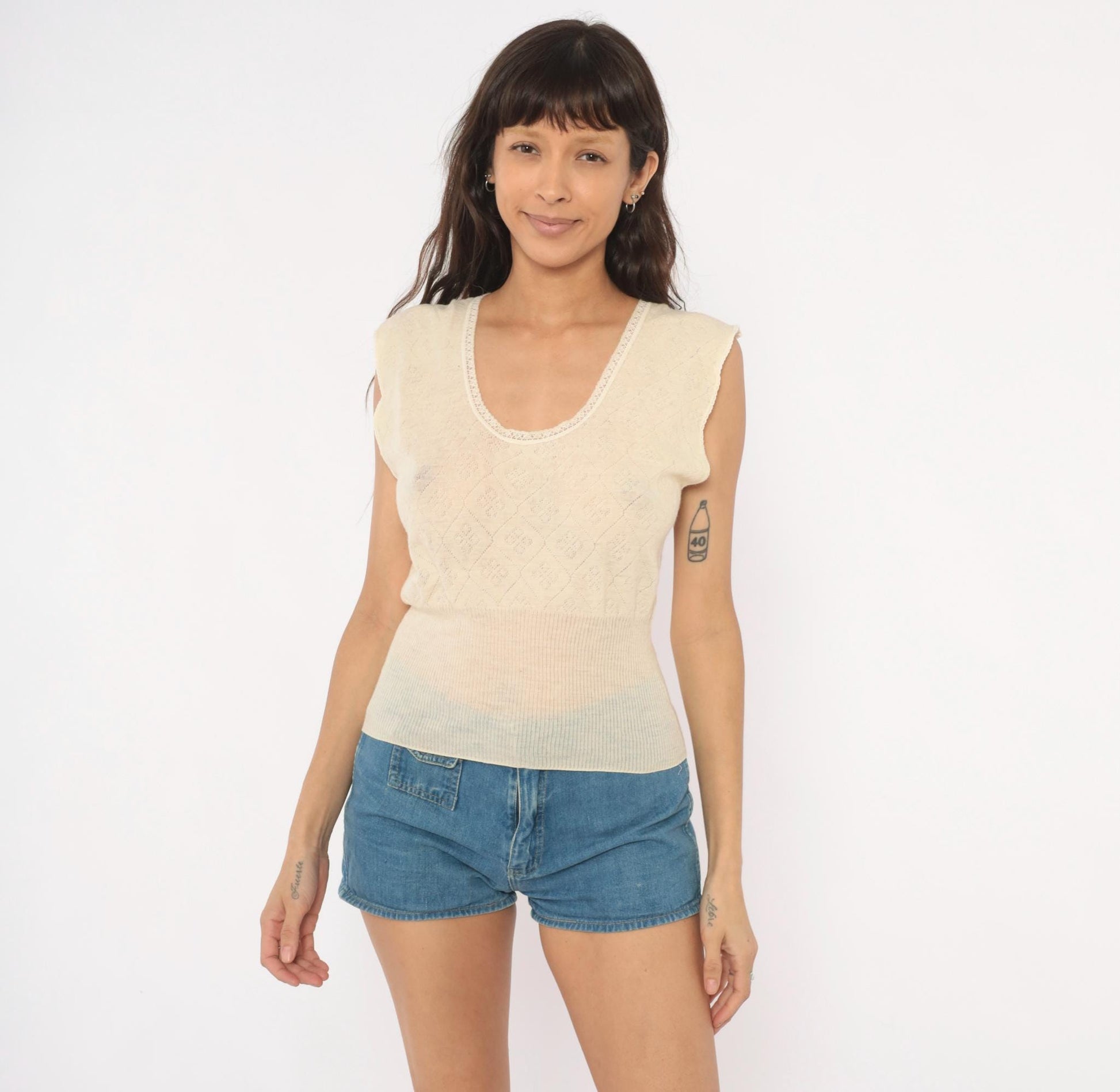 70s Chicas Therm Pointelle Knit Vest Cream Wool Scalloped Trim Extra Large