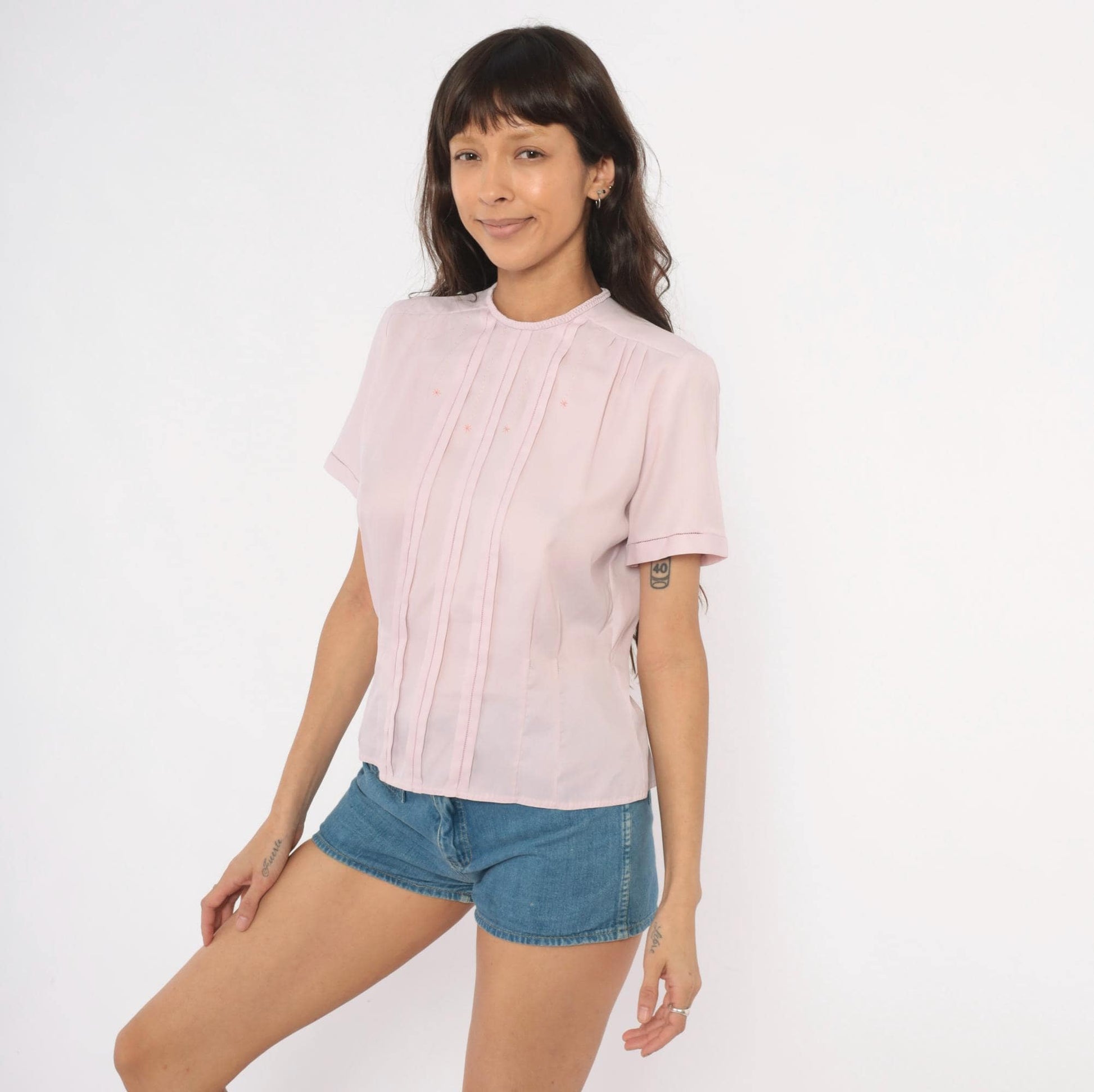 70s Mode de Paris Blush Pintuck Blouse Embroidered Star Crew Neck Medium