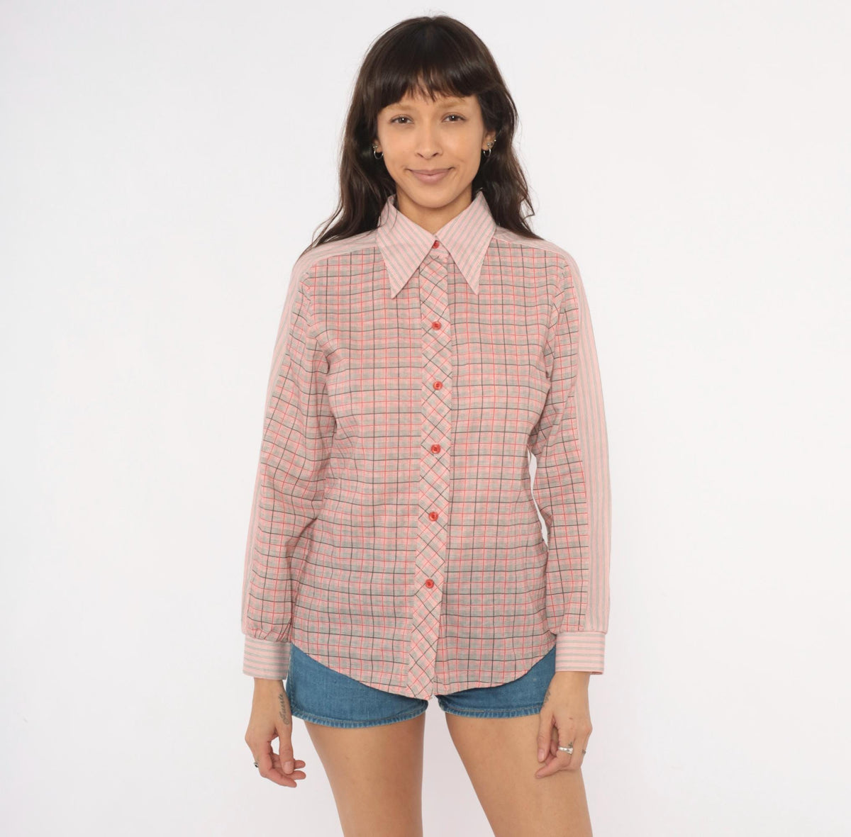 80s Plaid Button-Front Blouse Red Black Glen Check Pointed Collar Small