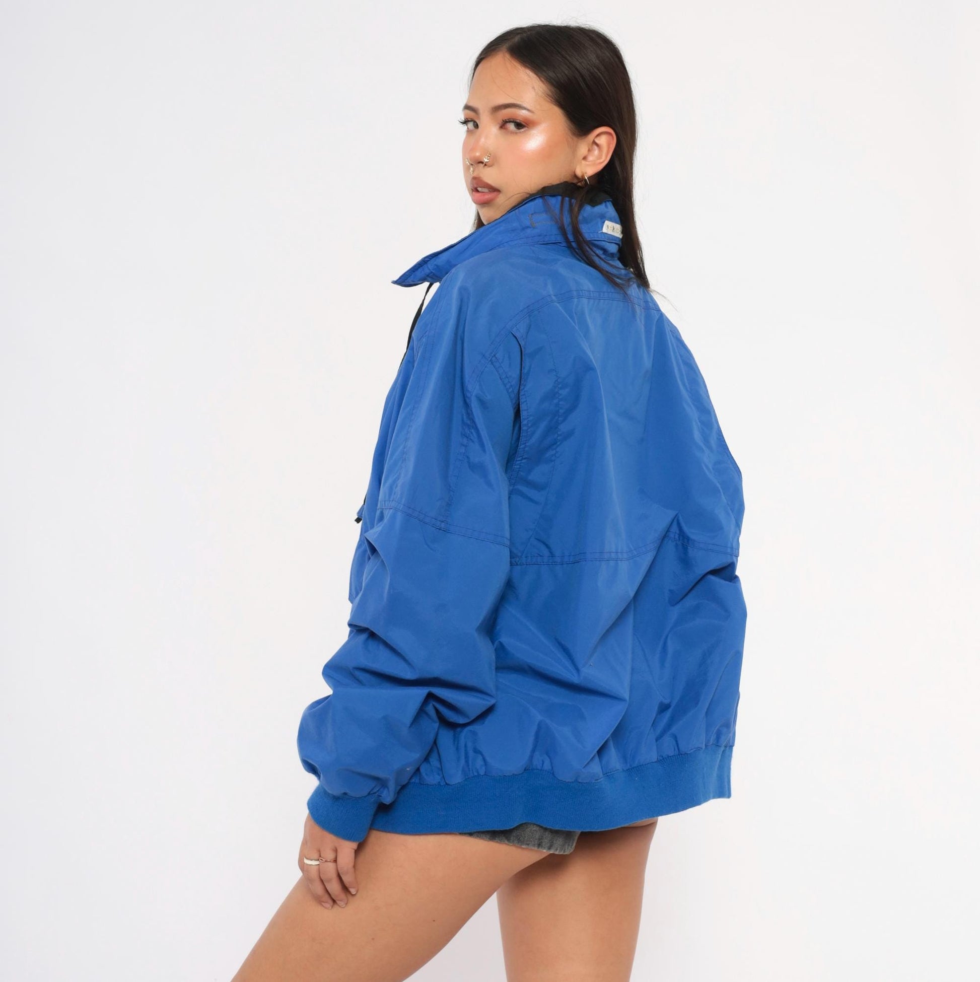 90s North Crest Cobalt Windbreaker Jacket Nylon Zip Front High Collar Large L