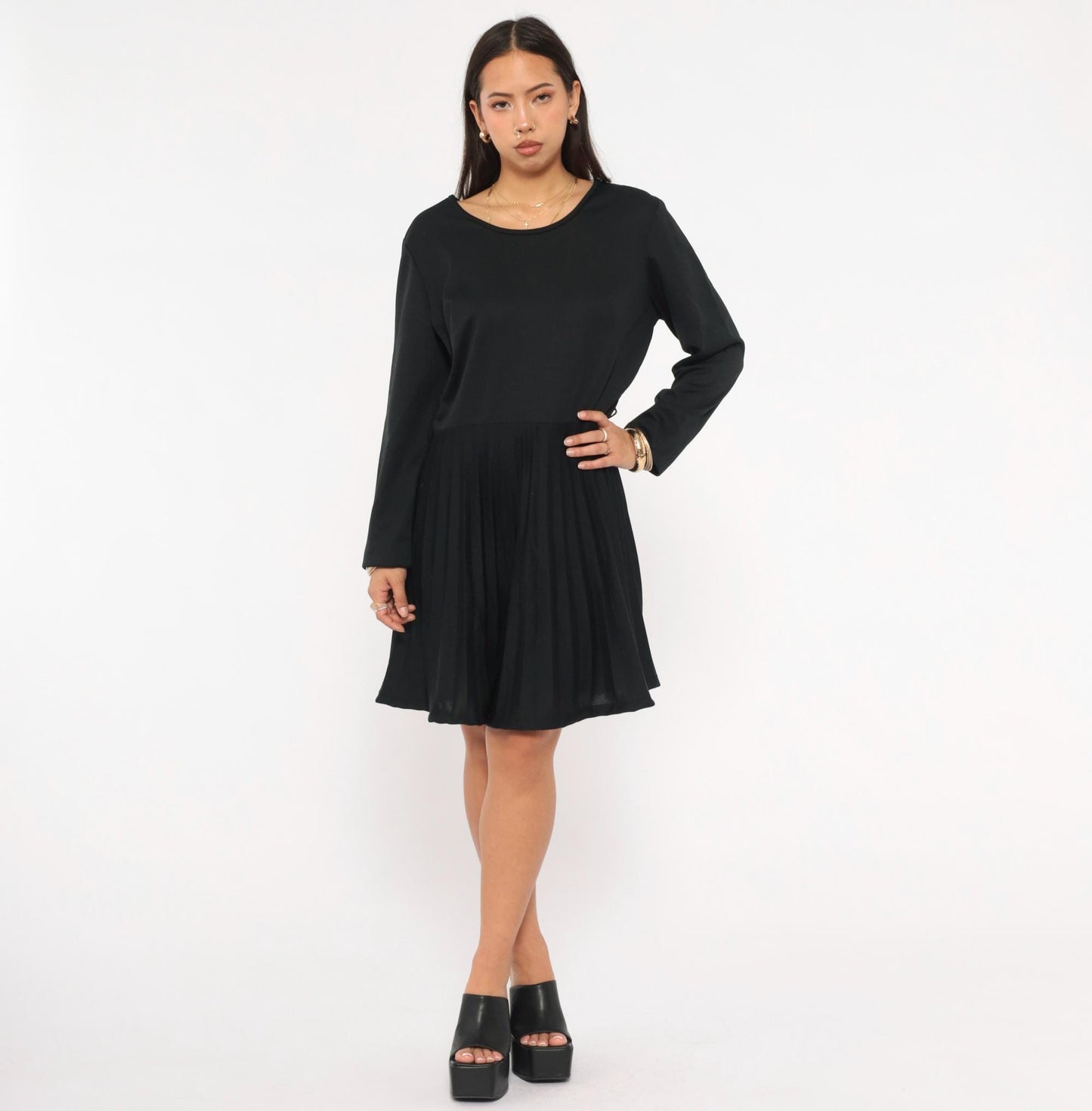 70s Black Pleated A-Line Dress Long Sleeve Drop Waist Scoop Neck Large L