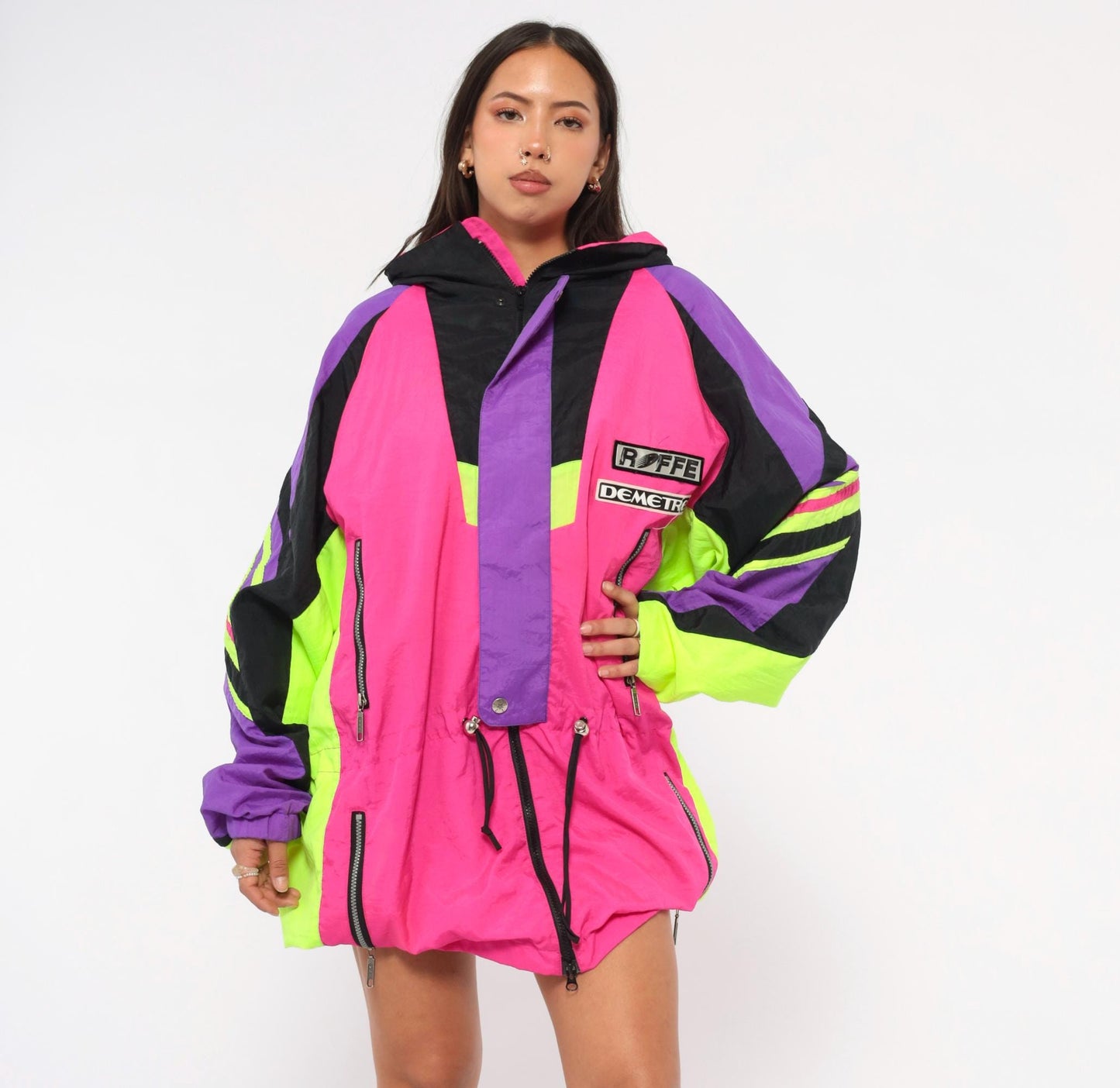 90s Roffe Demetre Neon Pink Ski Anorak Color Block Hooded Jacket Extra Large XL