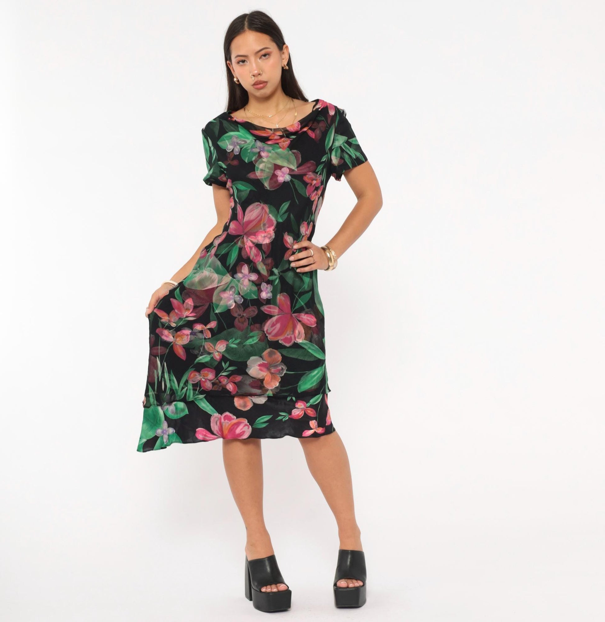 90s Donna Ricco Silk Dress Tropical Floral Black Cowl Neck Layered Hem Medium M