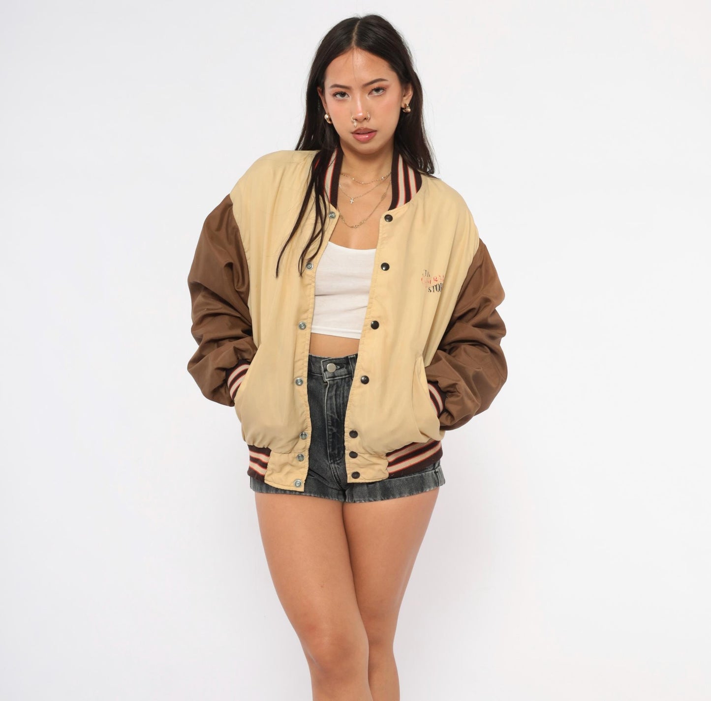 80s DeLong Sportswear Varsity Bomber Tan Brown Striped Nylon Windbreaker Extra Large XL
