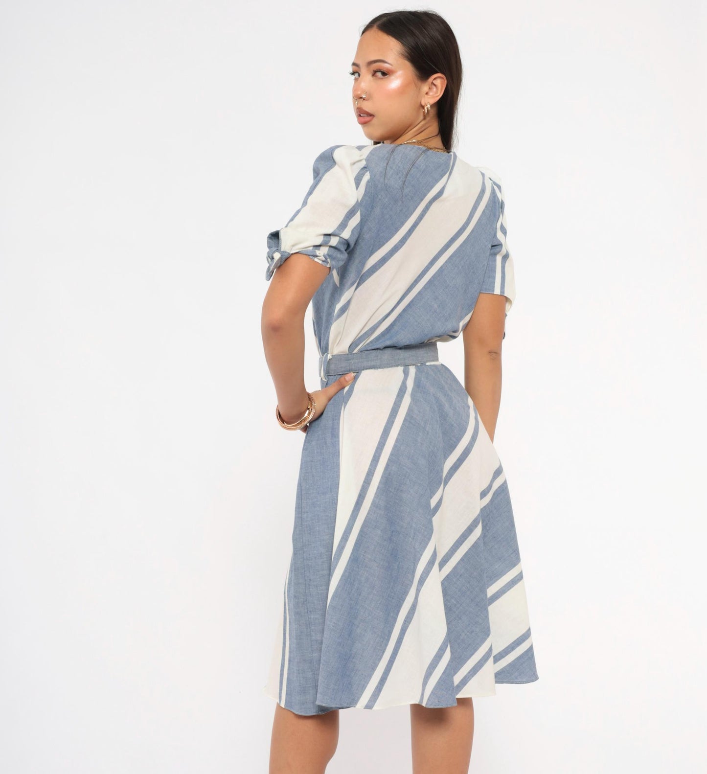 80s SL Petites Diagonal Stripe Dress Blue White Cotton Puff Sleeve Medium