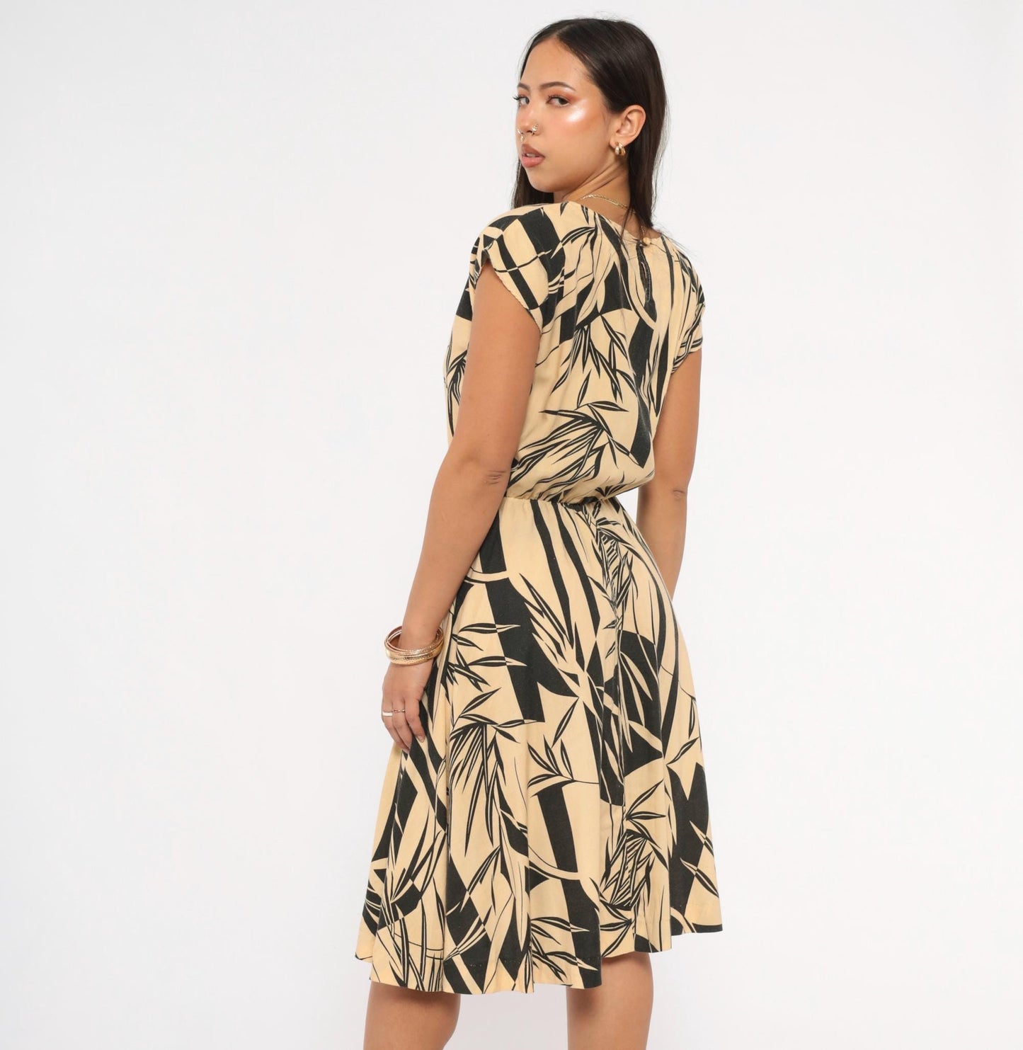 80s Tropical Leaf Print Dress Black Tan Cap Sleeve Knee-Length Small
