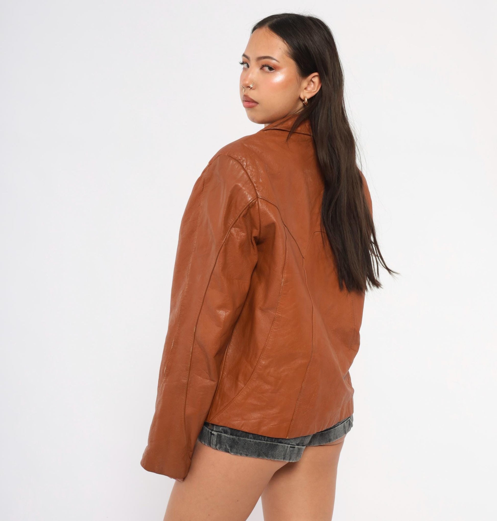 70s Ricaro Cognac Leather Jacket Western Scalloped Yoke Zip Bomber Extra Large XL
