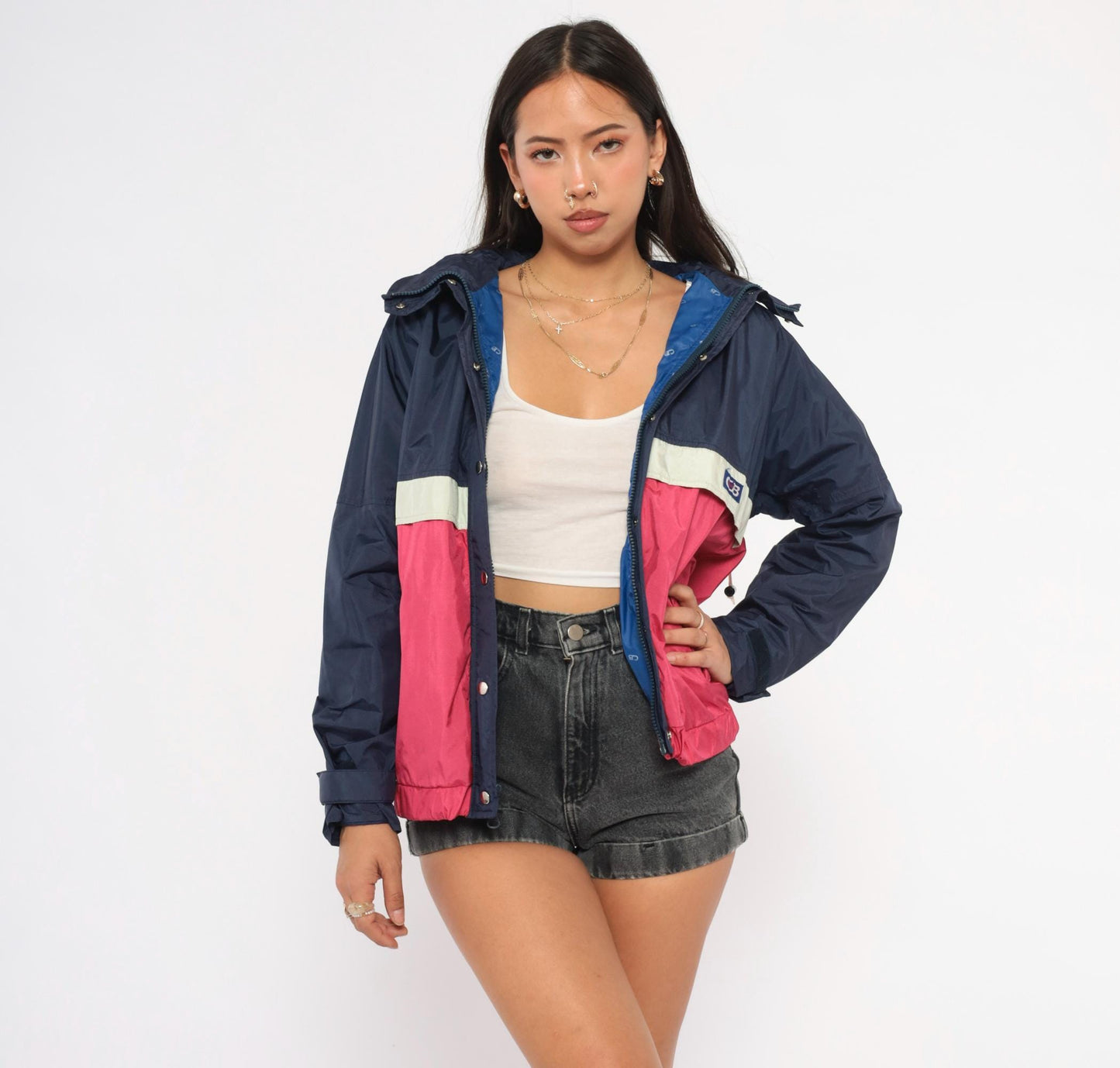 80s CB Sports Color Block Windbreaker Navy Pink Hooded Jacket Medium