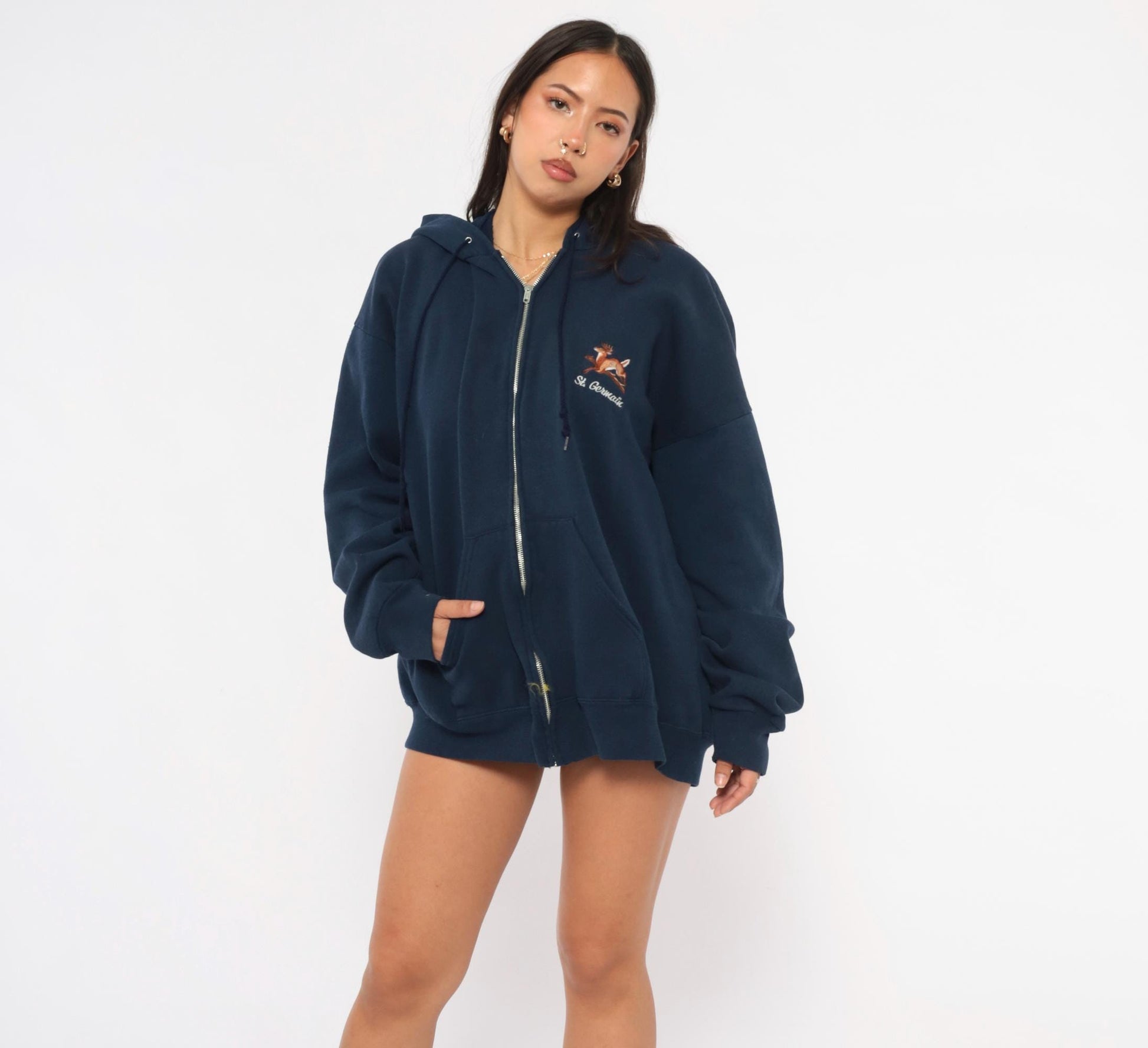 90s St Germain Deer Embroidered Navy Zip Hoodie Full Zip Sweatshirt Extra Large
