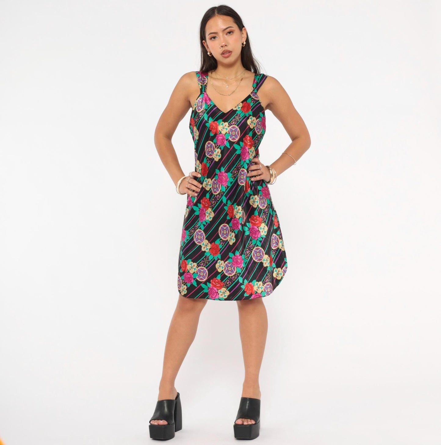 90s Emanuell Floral Medallion Slip Dress Black Fuchsia Teal Knee-Length Medium