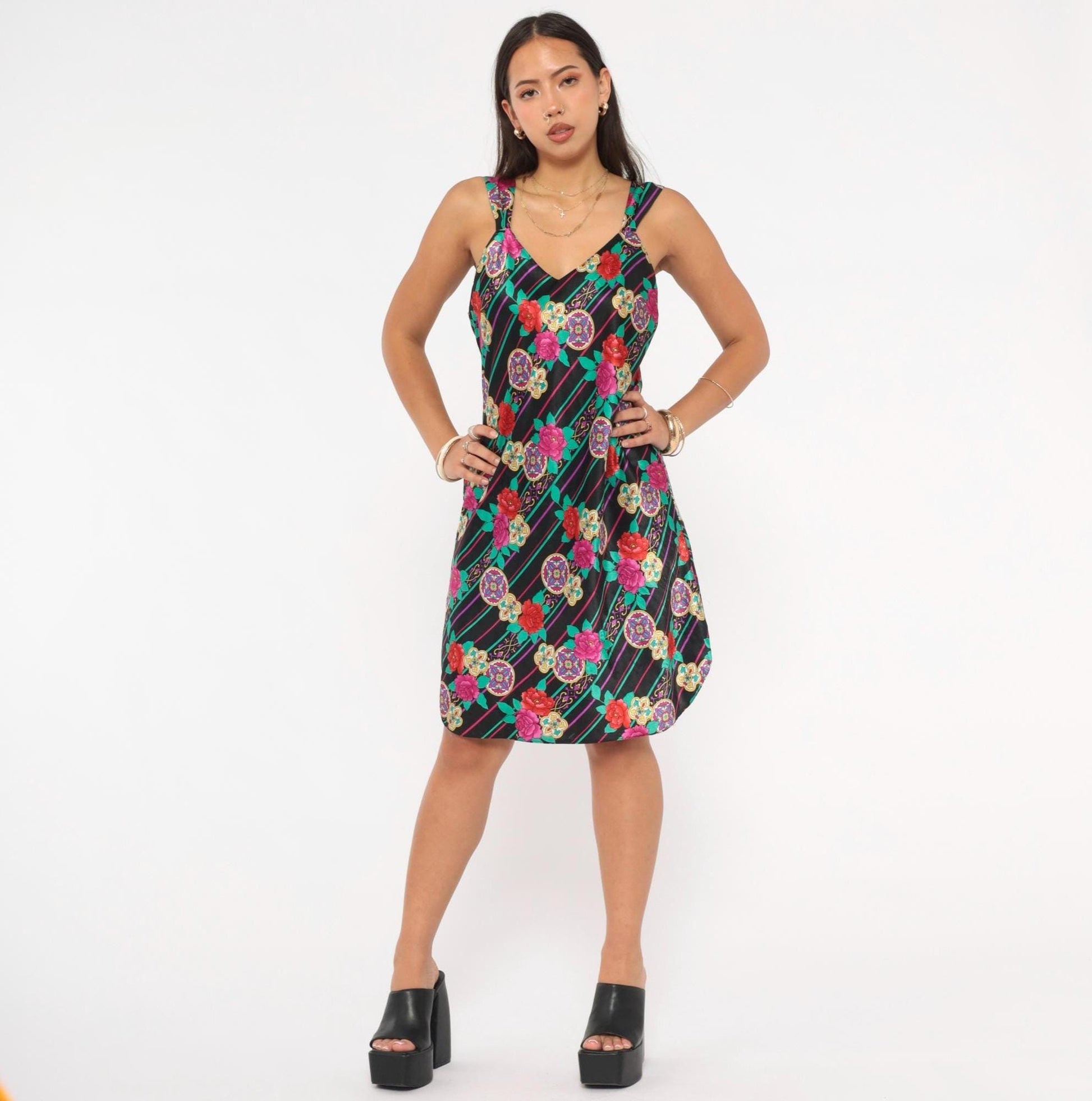 90s Emanuell Floral Medallion Slip Dress Black Fuchsia Teal Knee-Length Medium