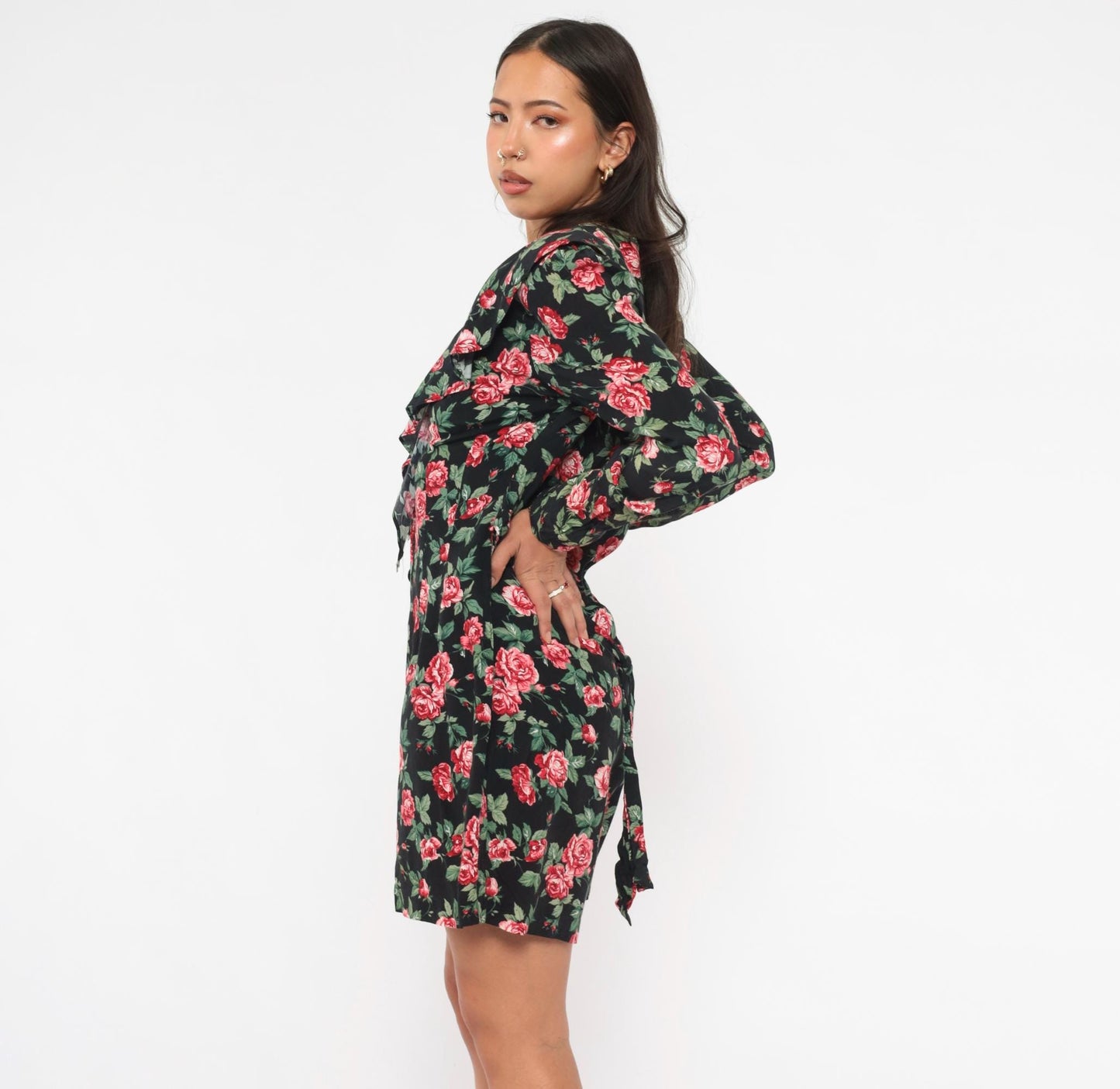 90s Rampage Rose Print Mini Dress Black Floral V-Neck Ruffle Long Sleeve Small