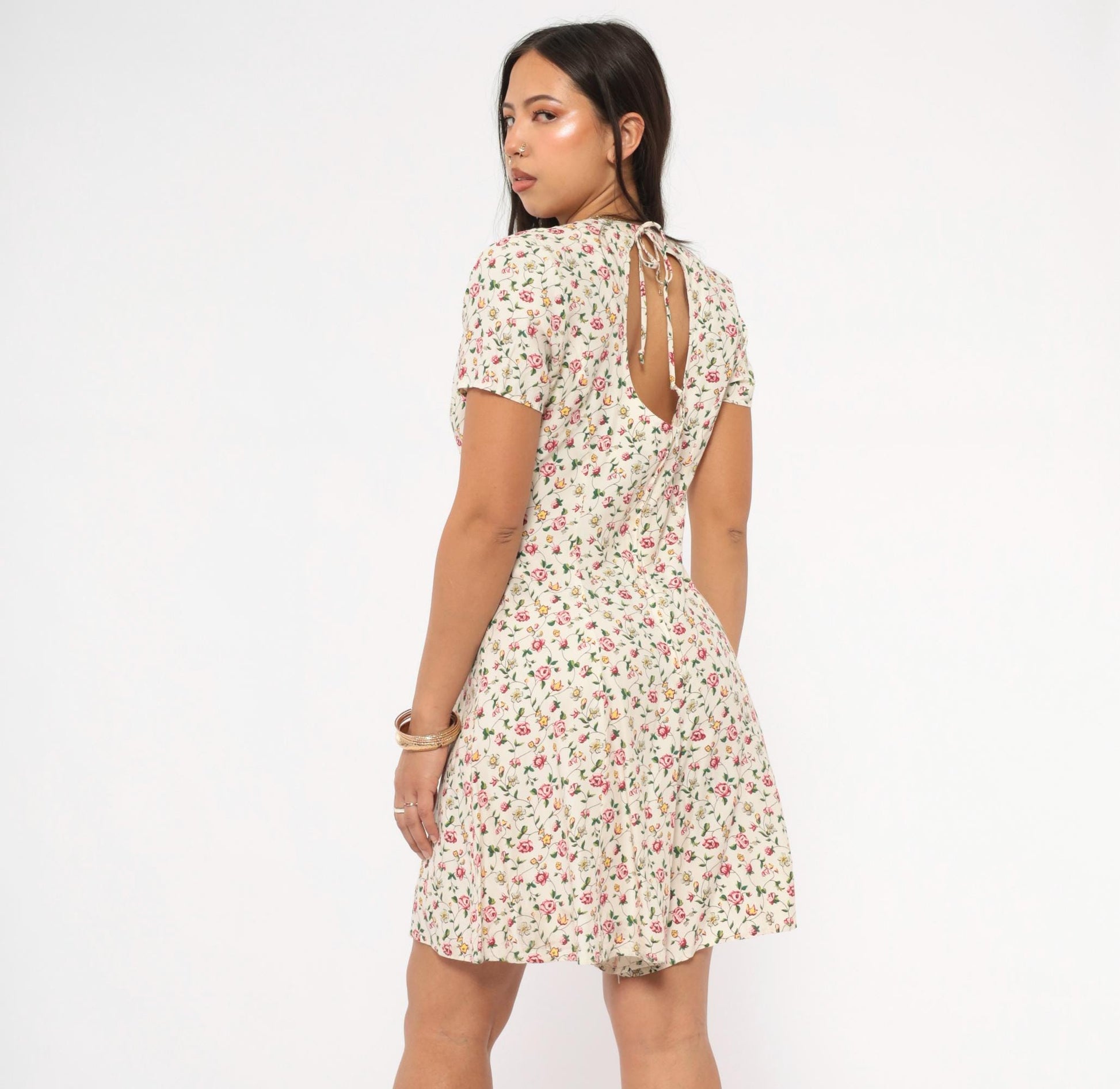 90s Spoiled Girls Floral Mini Romper Cream Rose Print V-Neck Cutout Extra Small XS