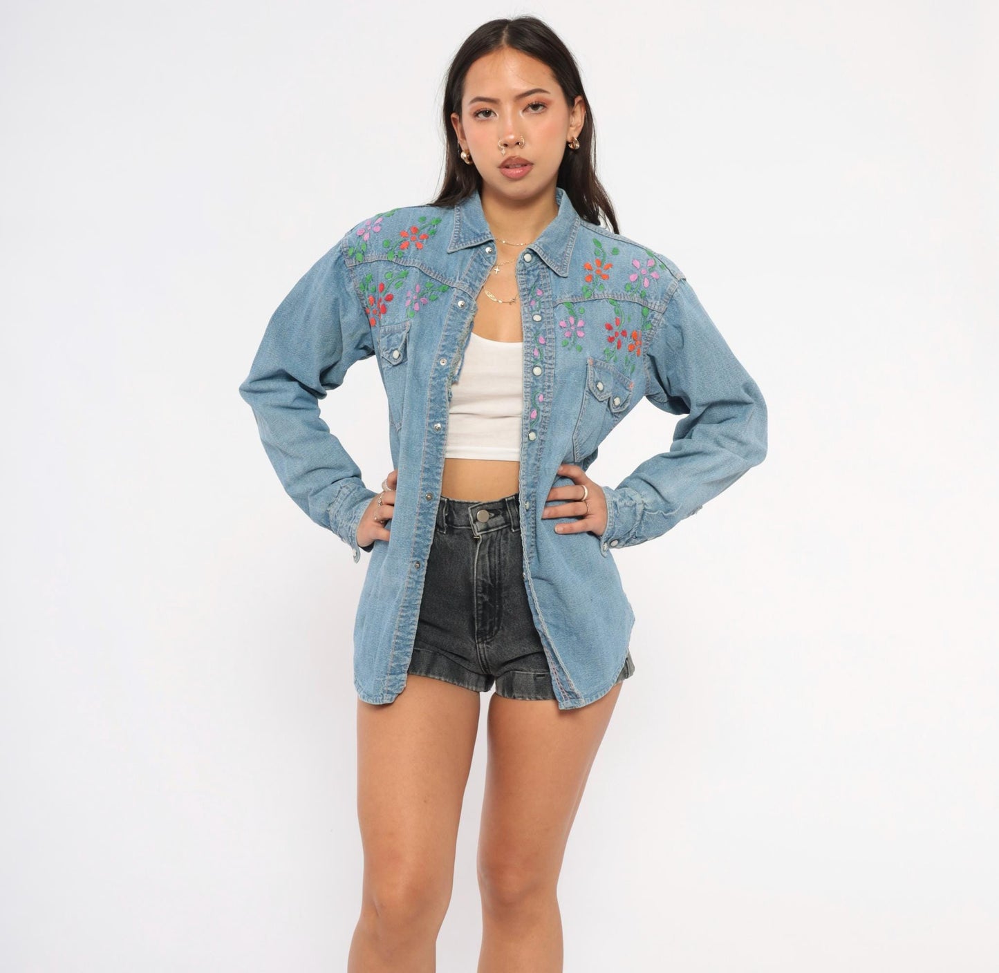 70s Light Wash Denim Western Shirt Floral Embroidered Pearl Snap Medium