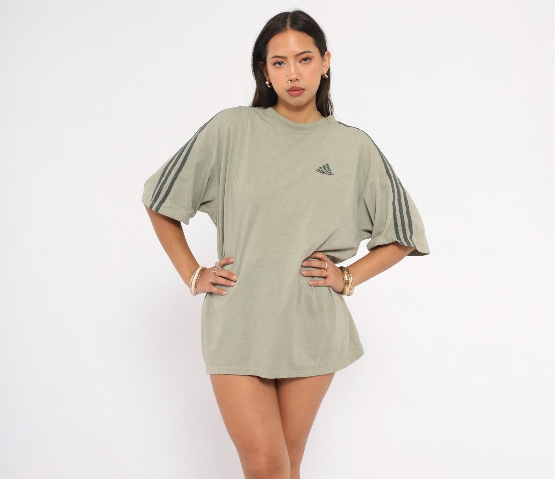 Y2K Adidas Three Stripe Tee Grey Embroidered Logo Cotton Medium