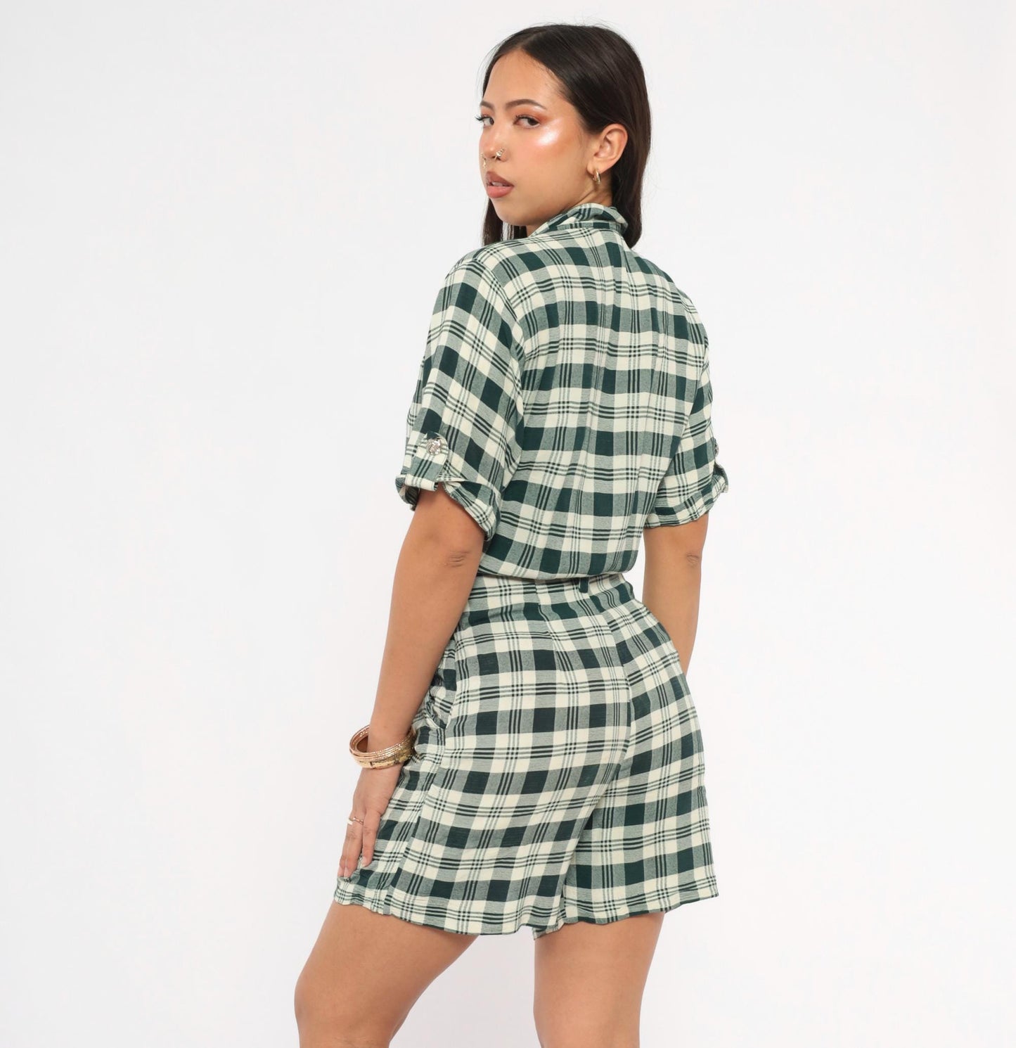 90s Scarlett Green Plaid Romper Button Front Rolled Cuff Small S