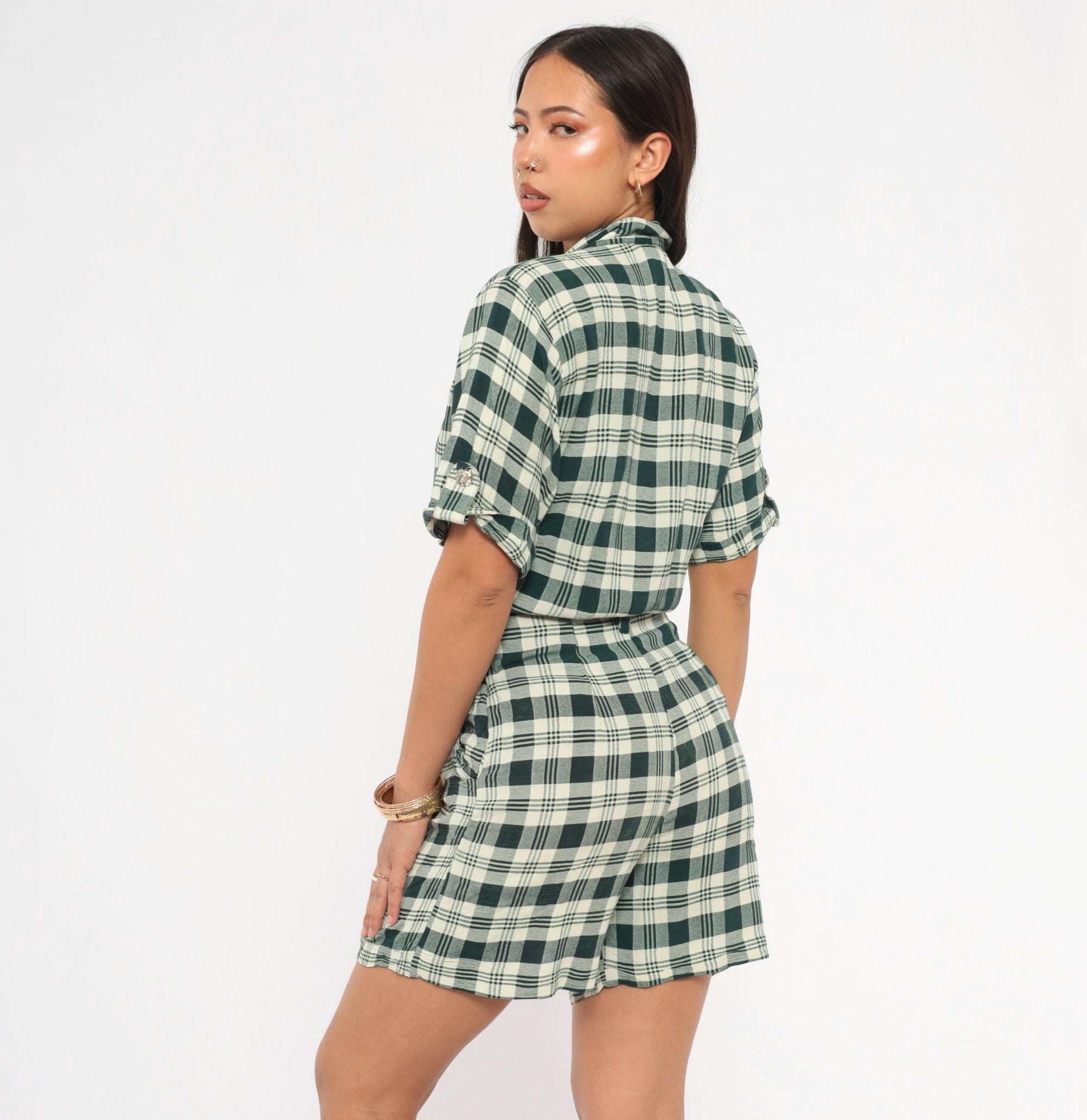 90s Scarlett Green Plaid Romper Button Front Rolled Cuff Small S