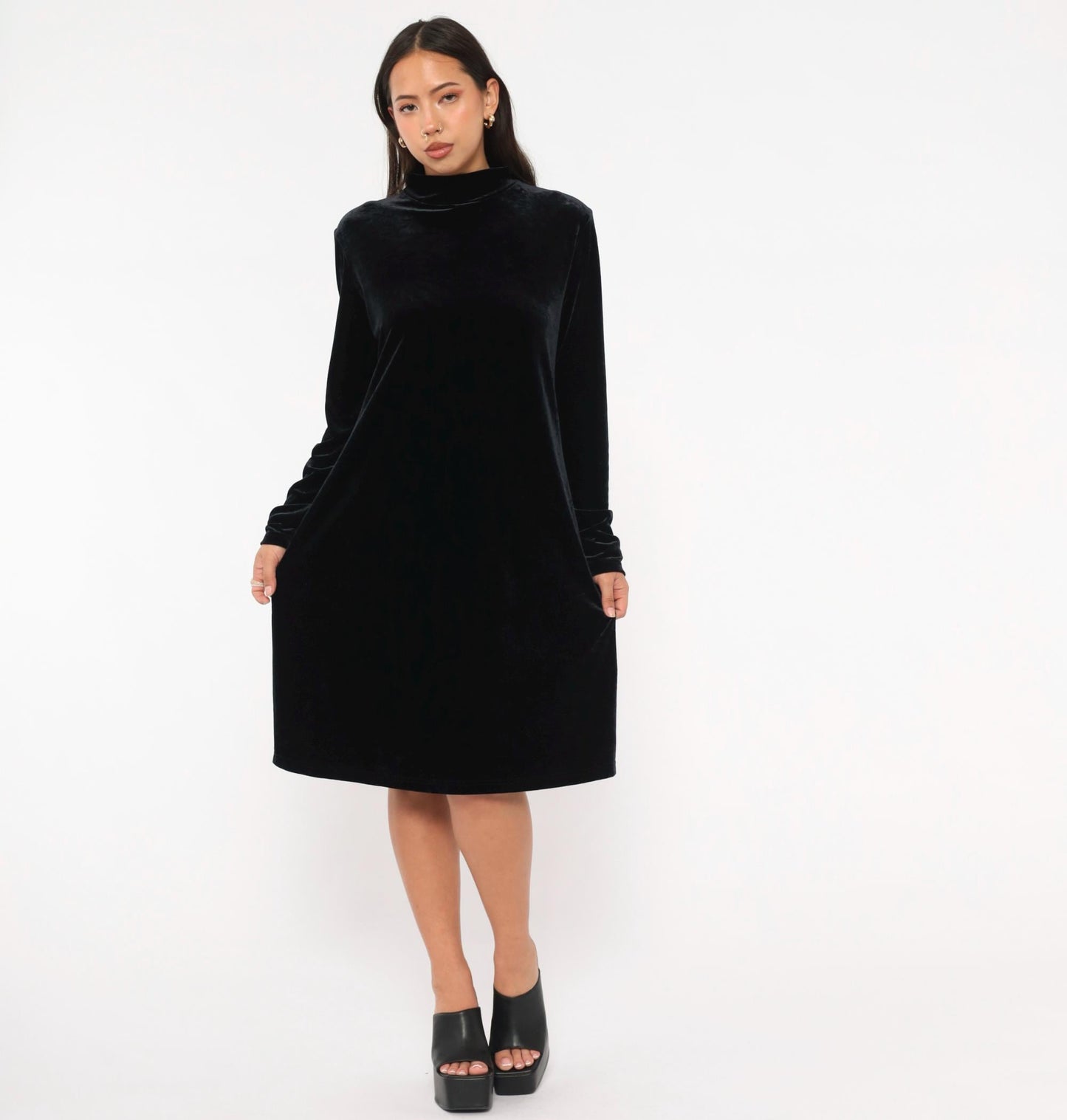 90s Jacqueline Ferrar Black Velvet Swing Dress Mock Neck Long Sleeve Large L