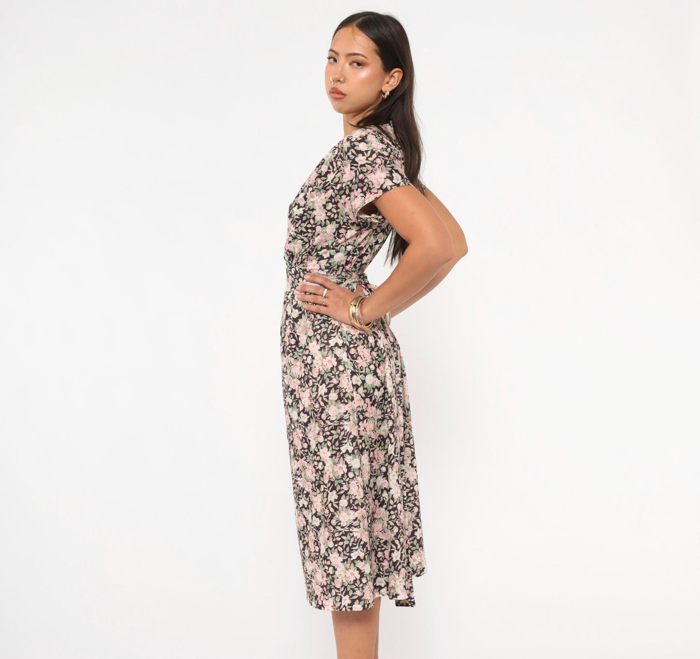 90s Mr. Duval Floral Wrap Dress Midi Garden Print Brown Pink Large L