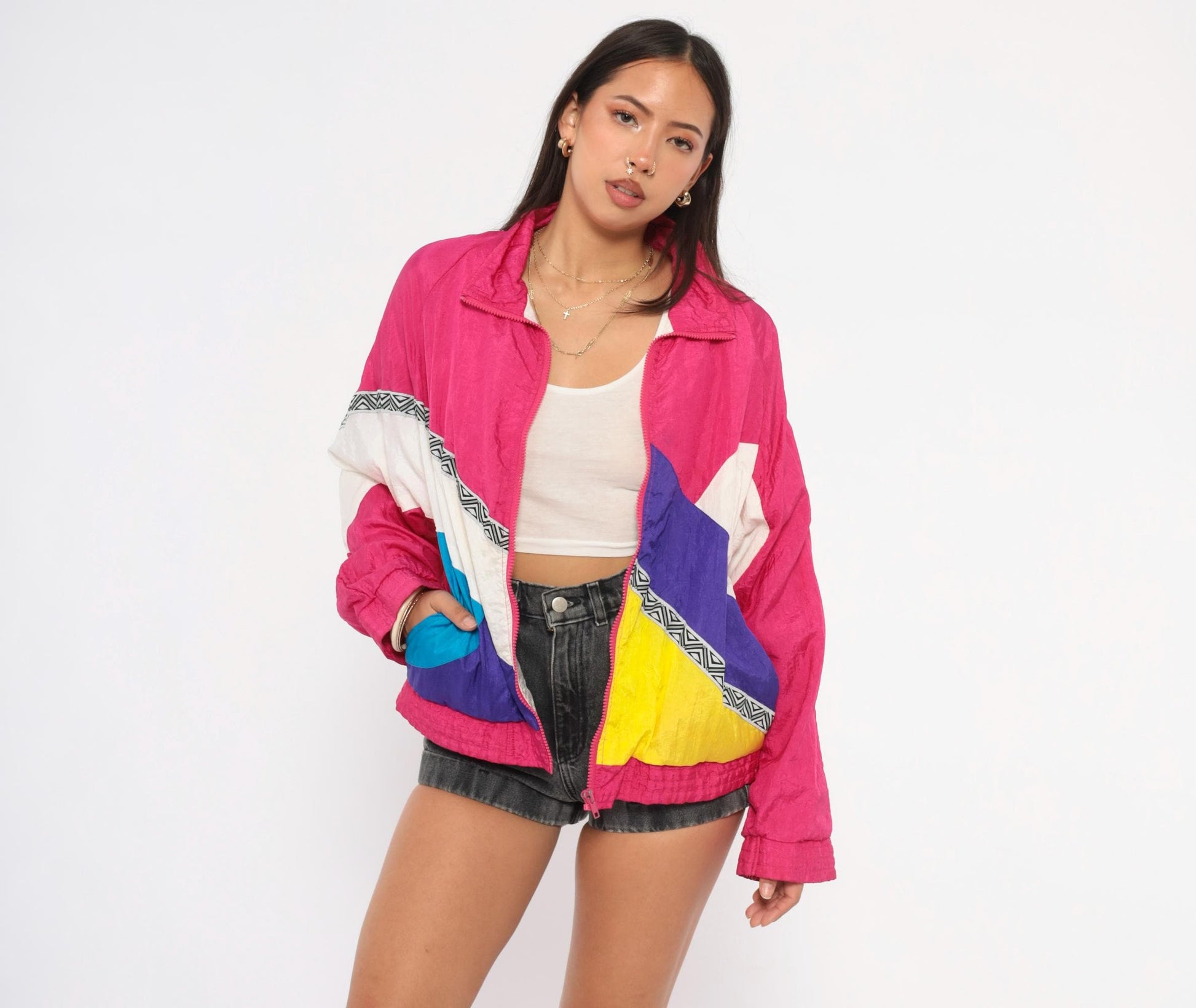 90s Longstreet Colorblock Windbreaker Hot Pink Purple Yellow Teal Small